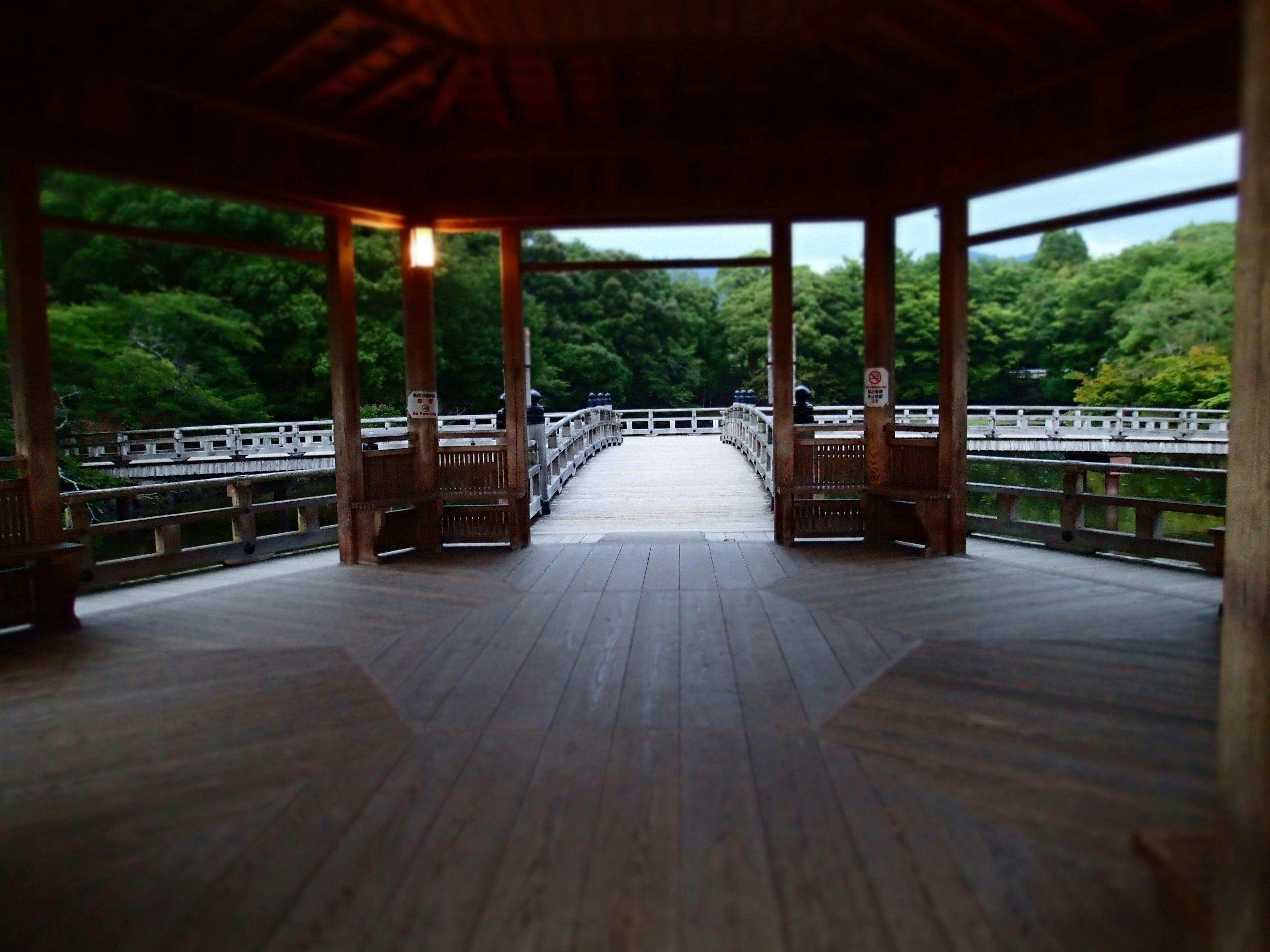 木製のパビリオン内から見た橋の景色 緑の木々が周囲に広がる