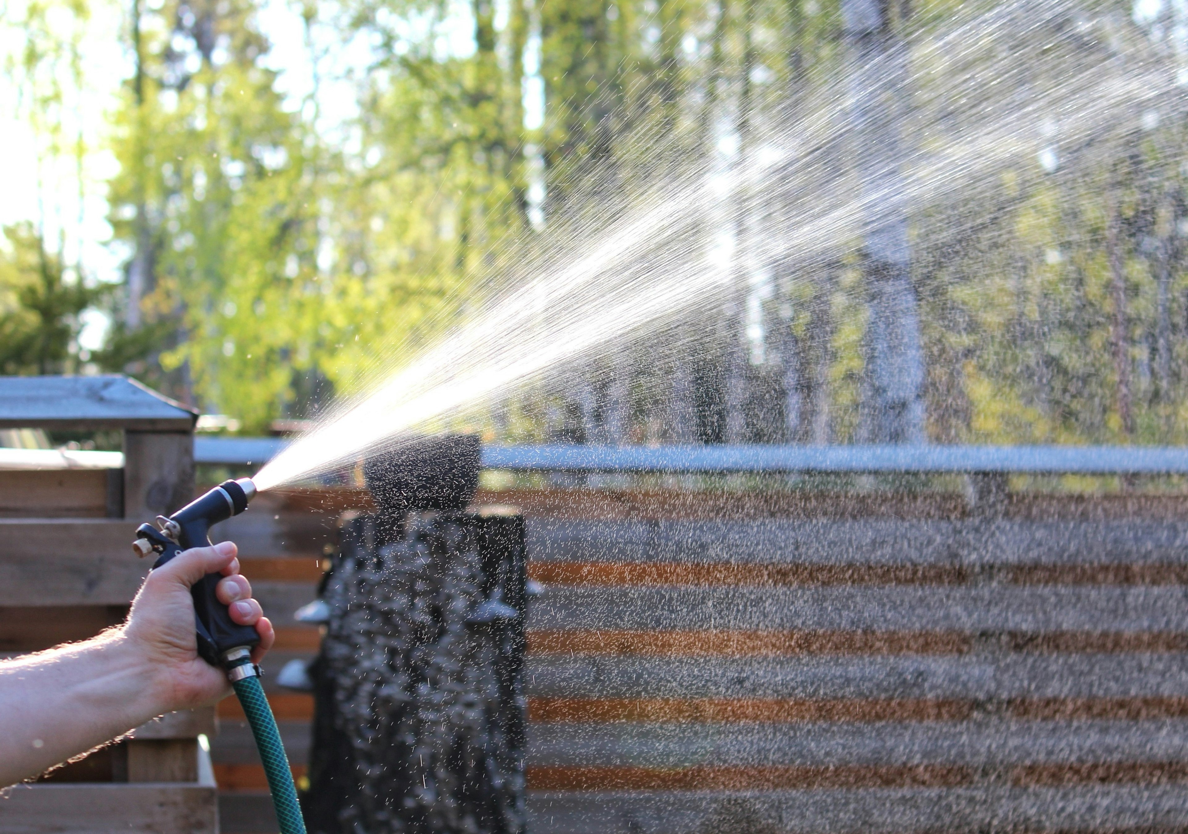 Hand holding a garden hose spraying water with green trees in the background