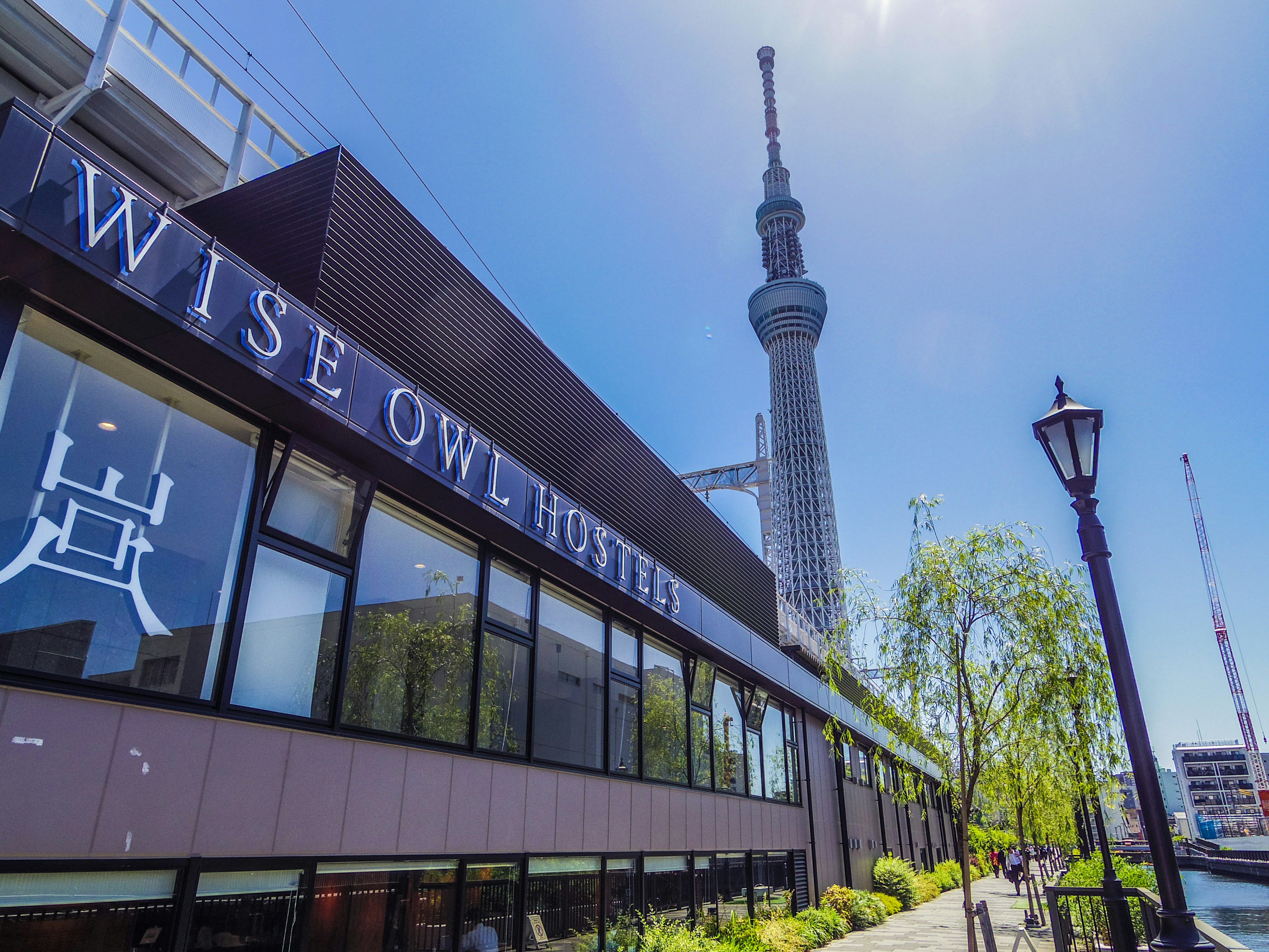 東京スカイツリーが背景にある賢いフクロウホステルの外観