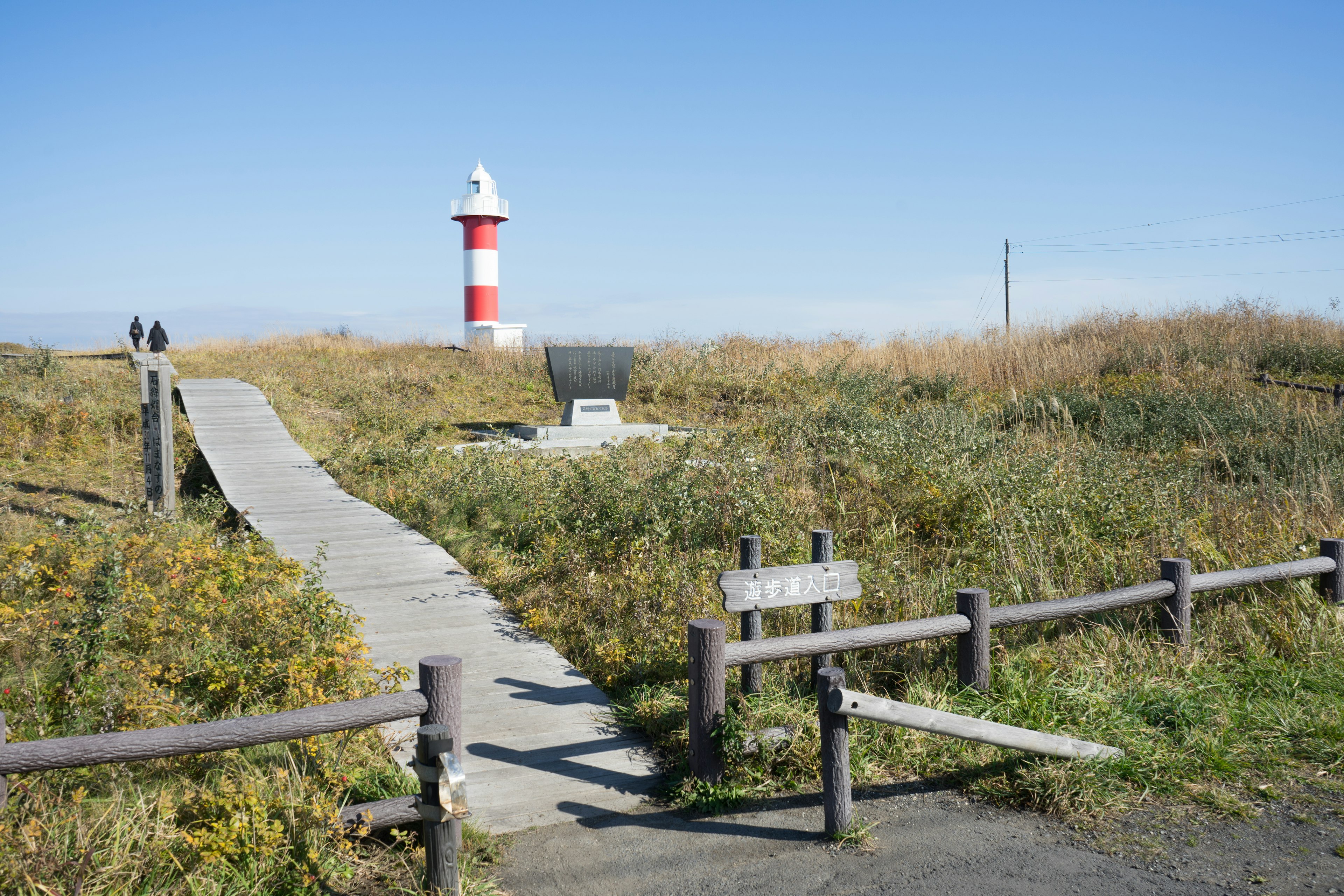 Un paysage avec un phare rouge et blanc au milieu des hautes herbes