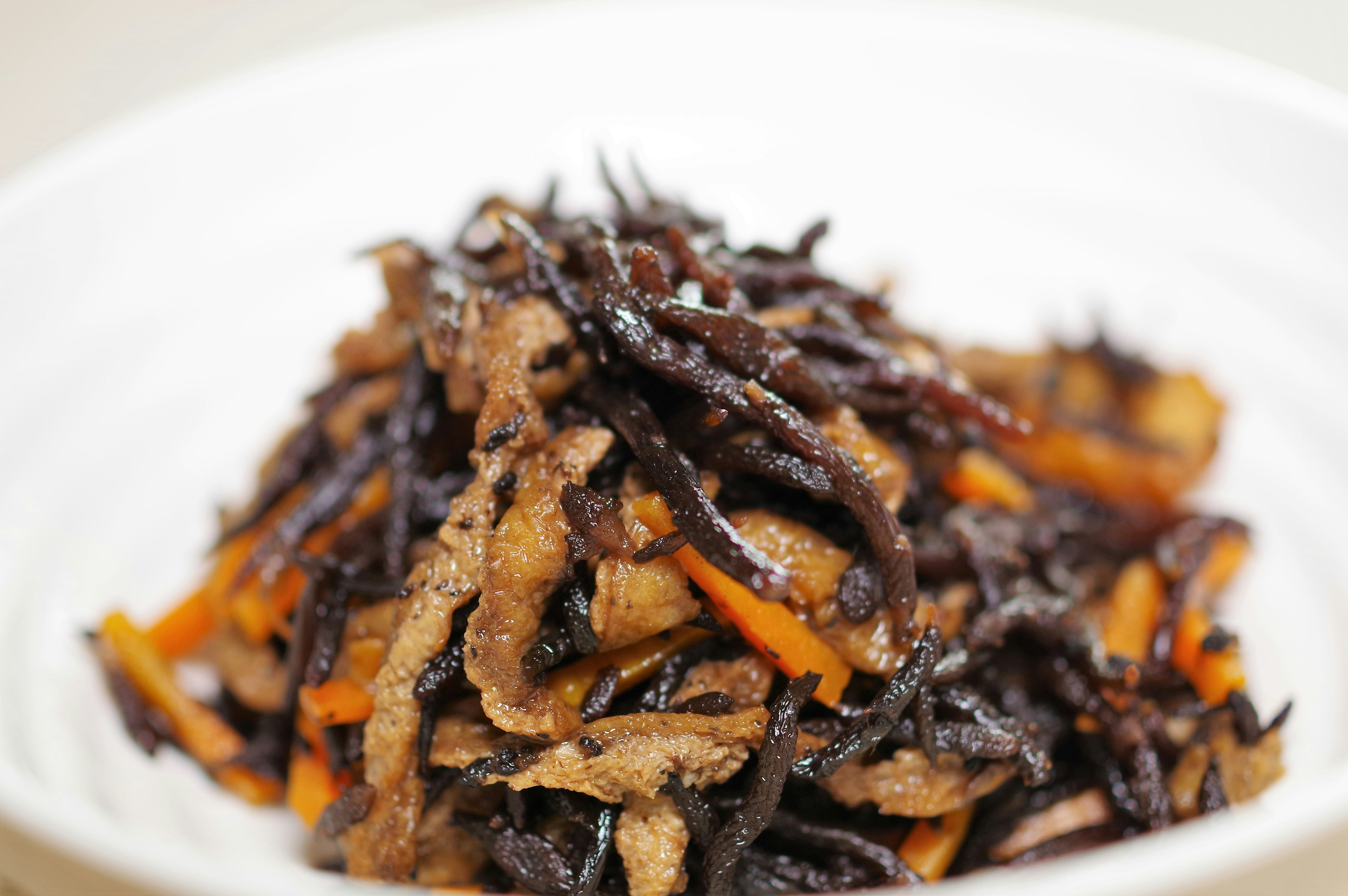 Plate of sweet and savory hijiki and carrot stir-fry