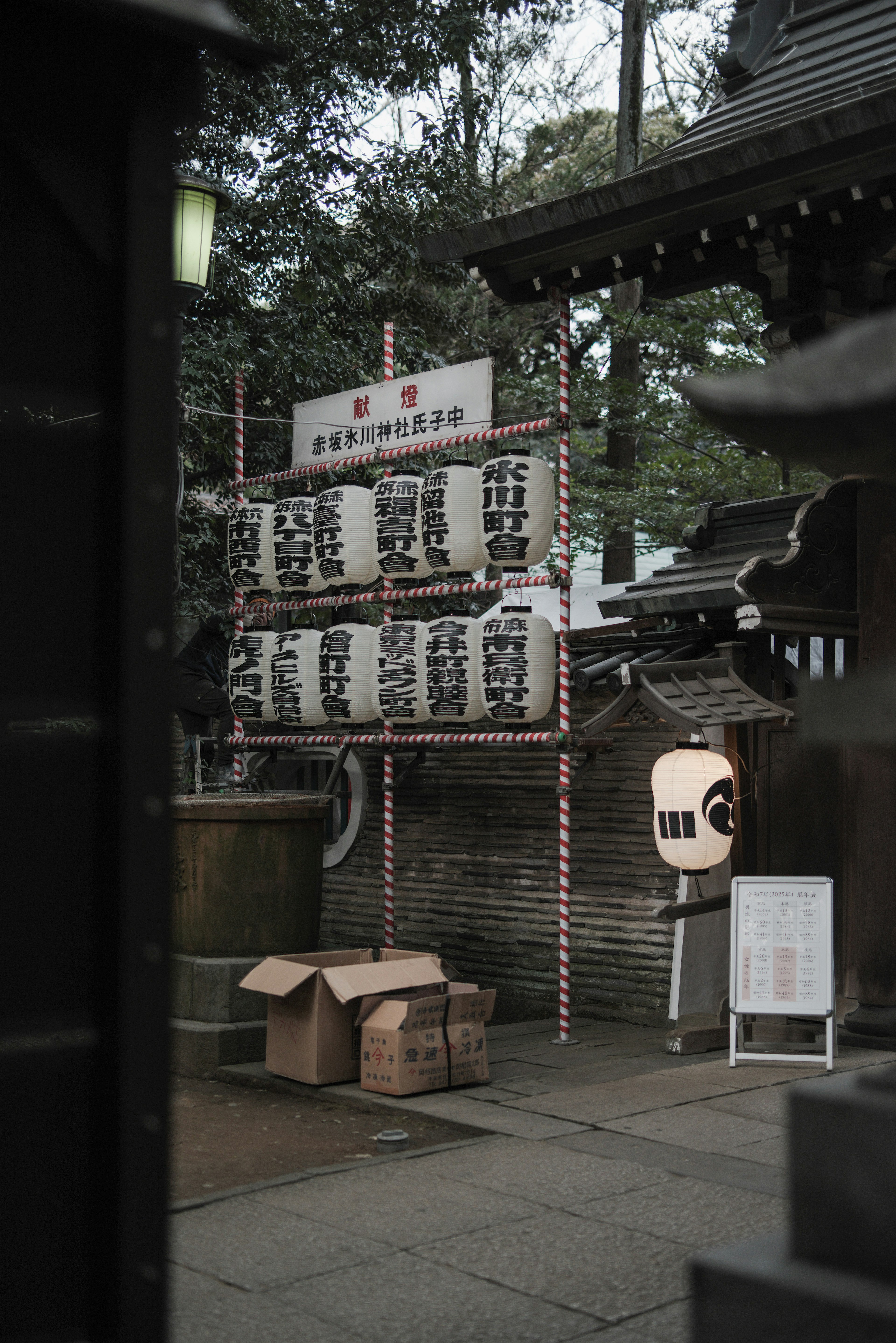 神社院子裡的舊招牌和木箱