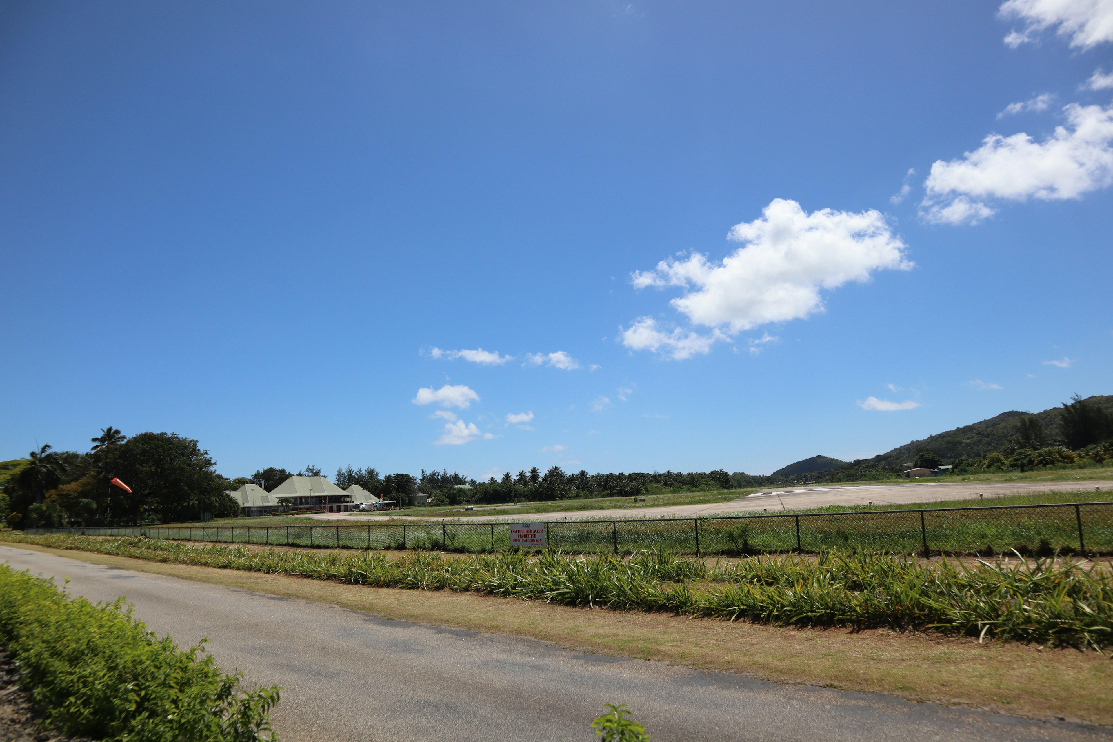 Una vista panoramica con cielo azzurro e nuvole lungo una strada fiancheggiata da vegetazione