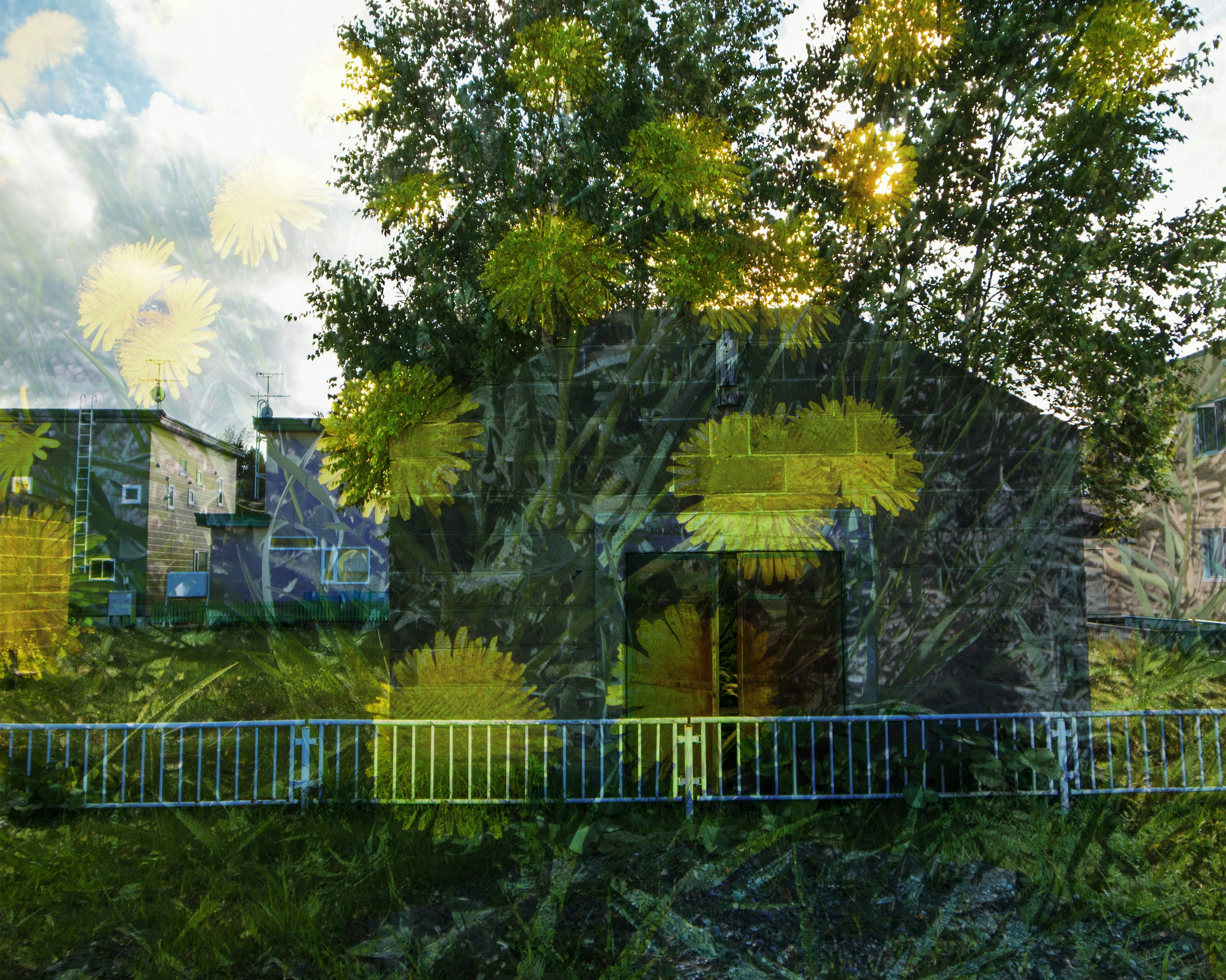 Exterior de una casa rodeada de hierba verde y flores amarillas