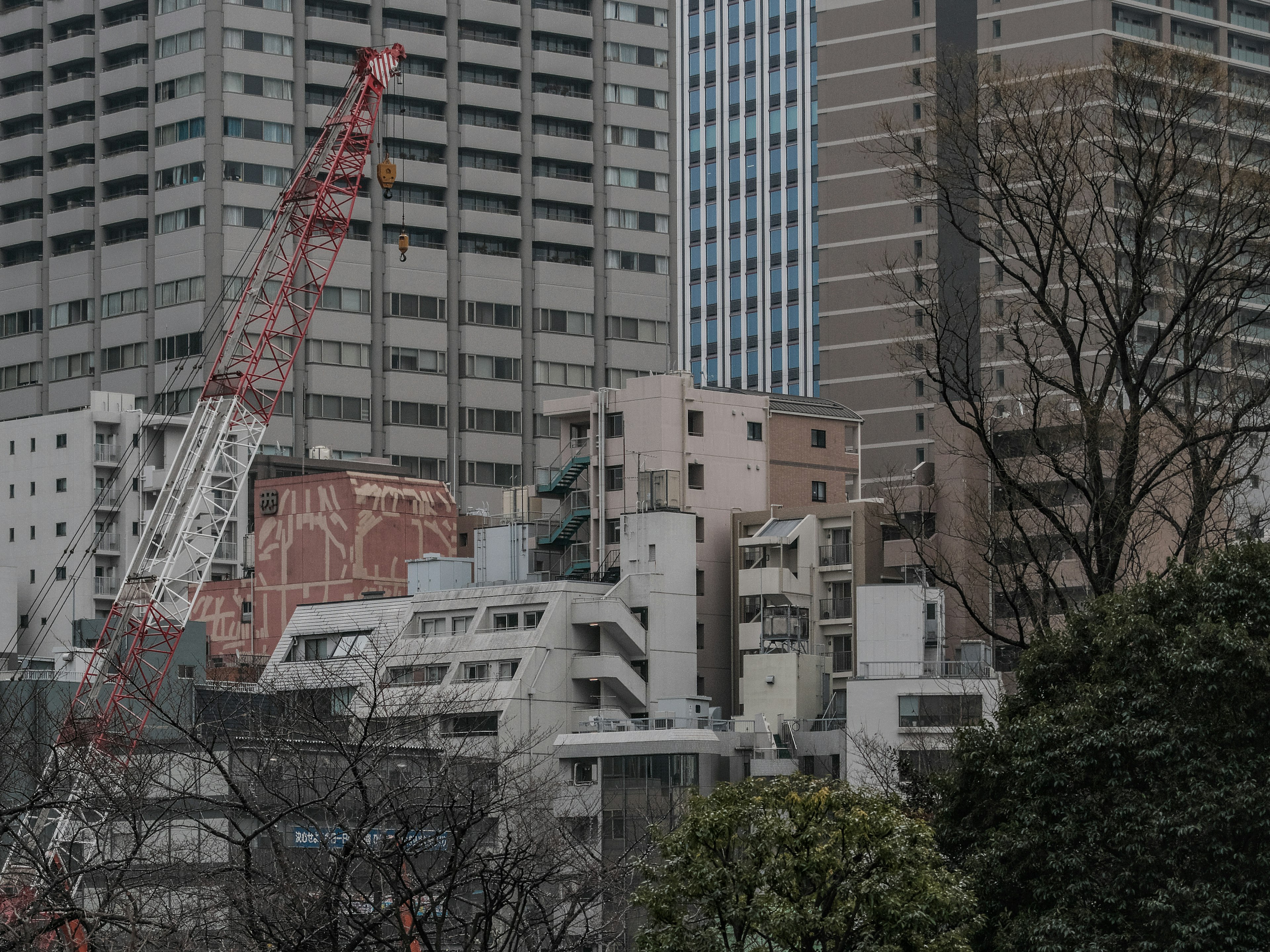 高層ビルとクレーンがある都市の景観