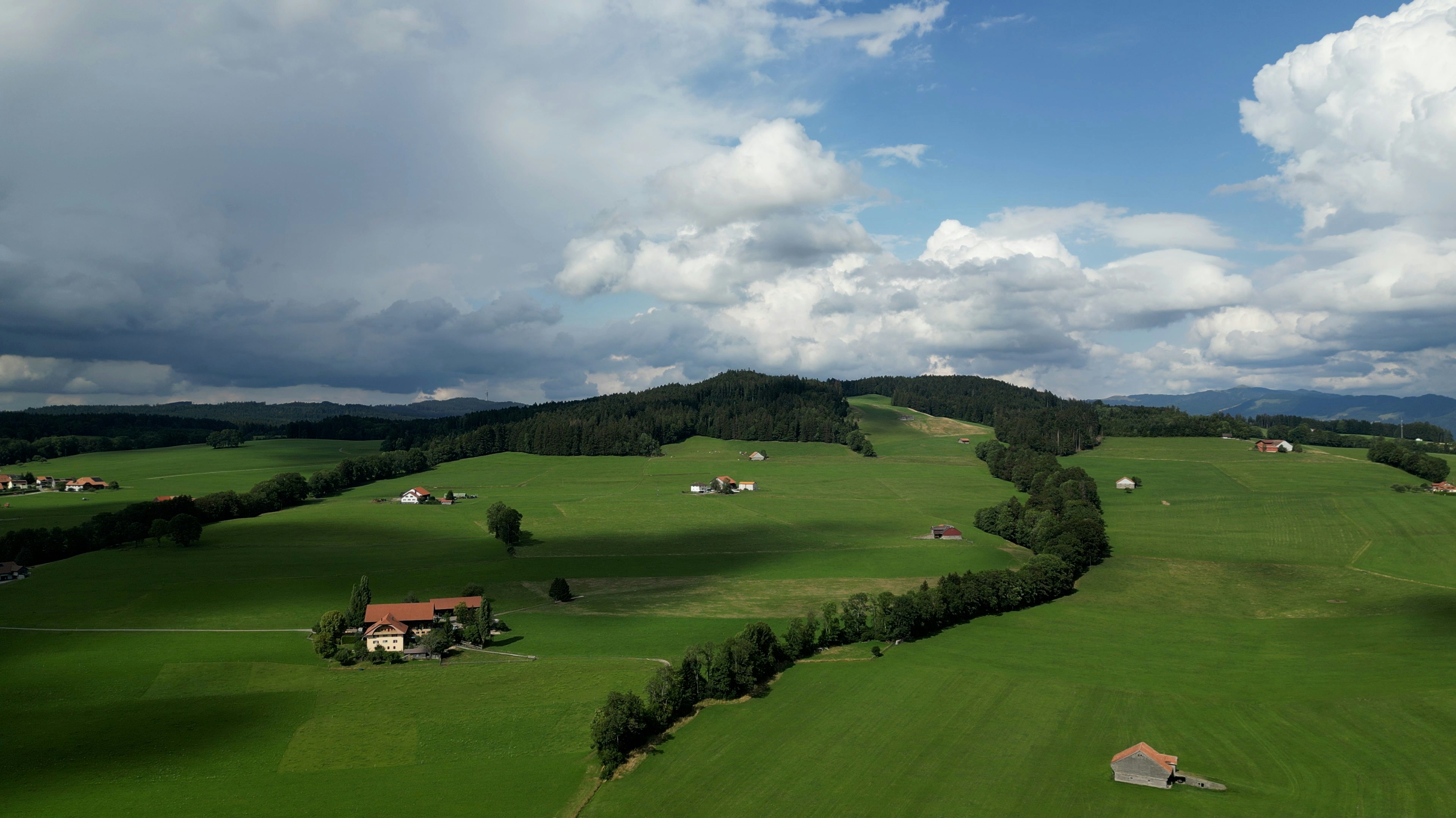 Champs verts luxuriants avec des maisons éparpillées sous un ciel nuageux