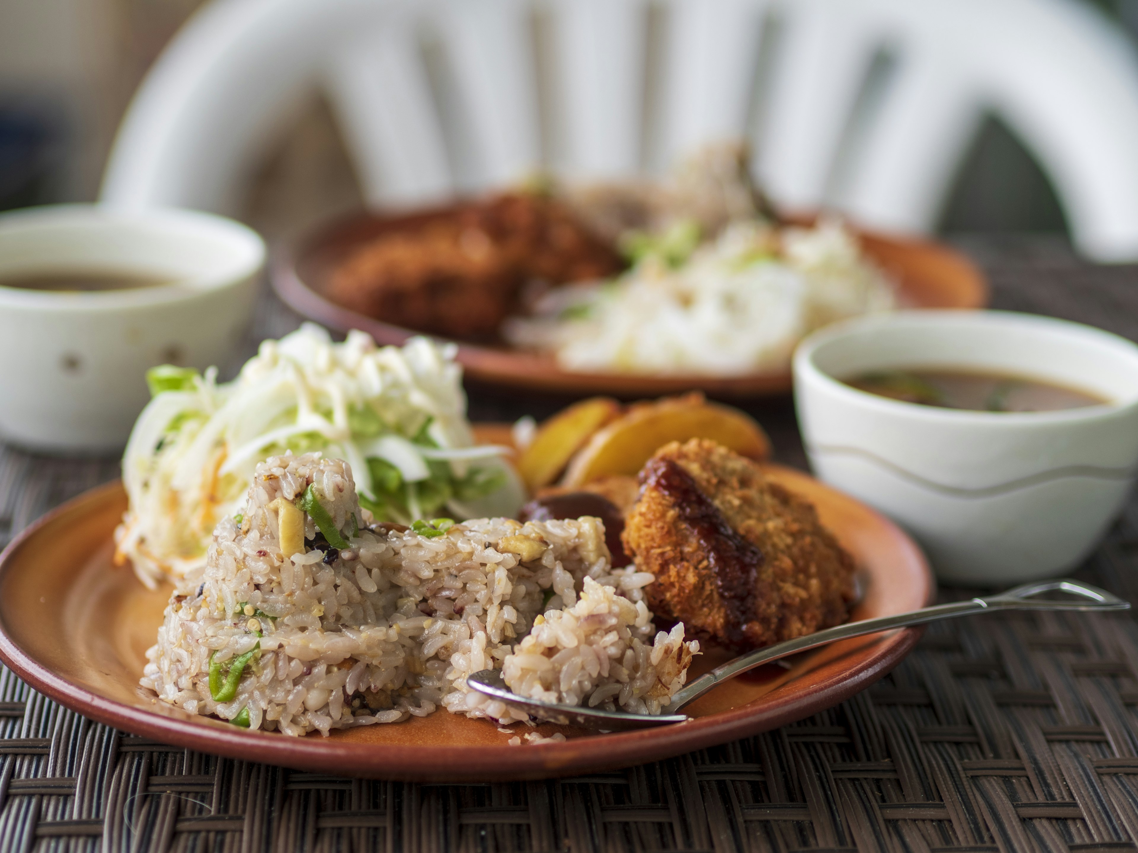 一盘美味的食物，包含白色卷心菜、米饭和油炸食品