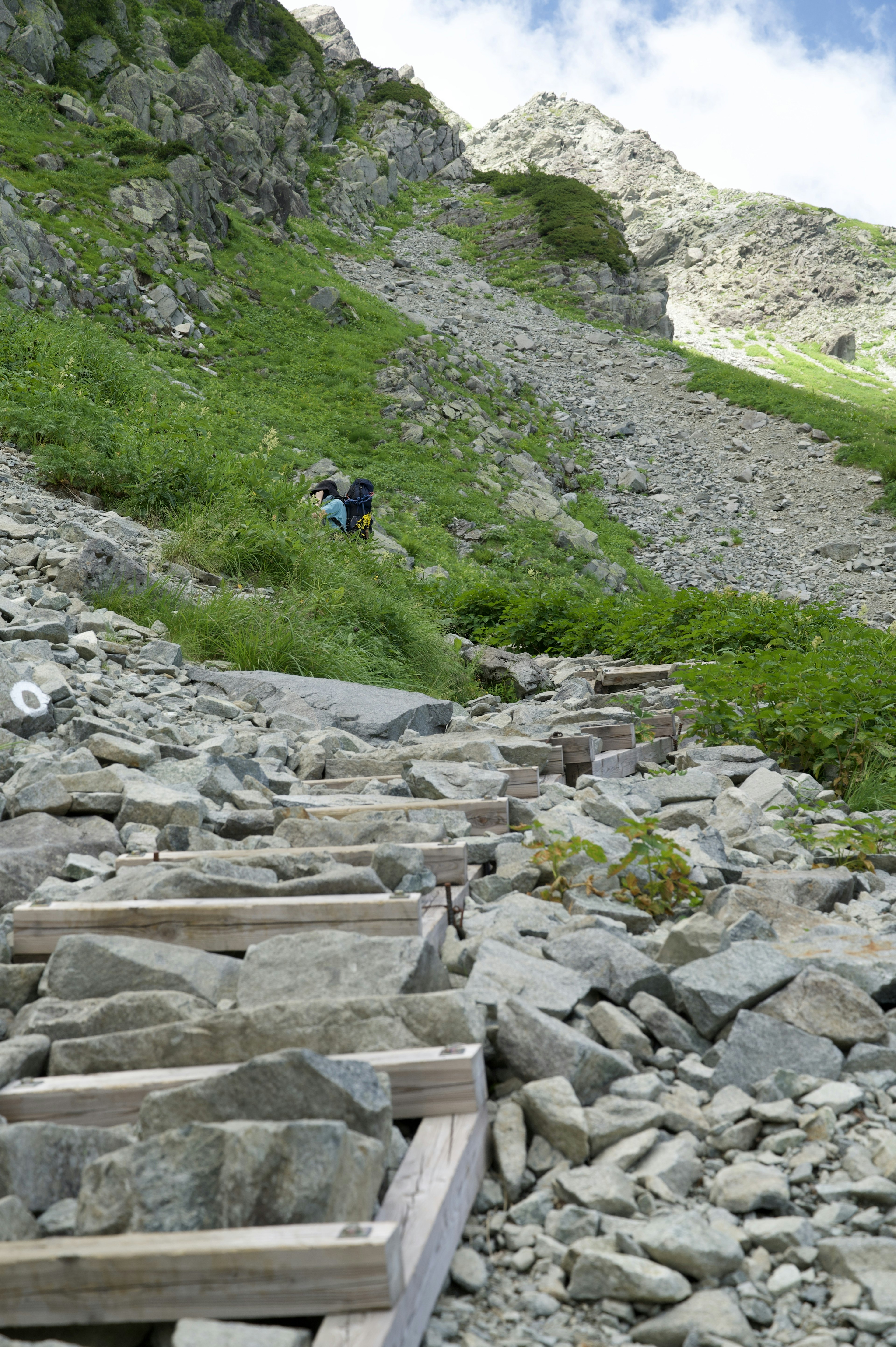 Holzstufen entlang eines rauen Bergwegs mit üppigem Grün