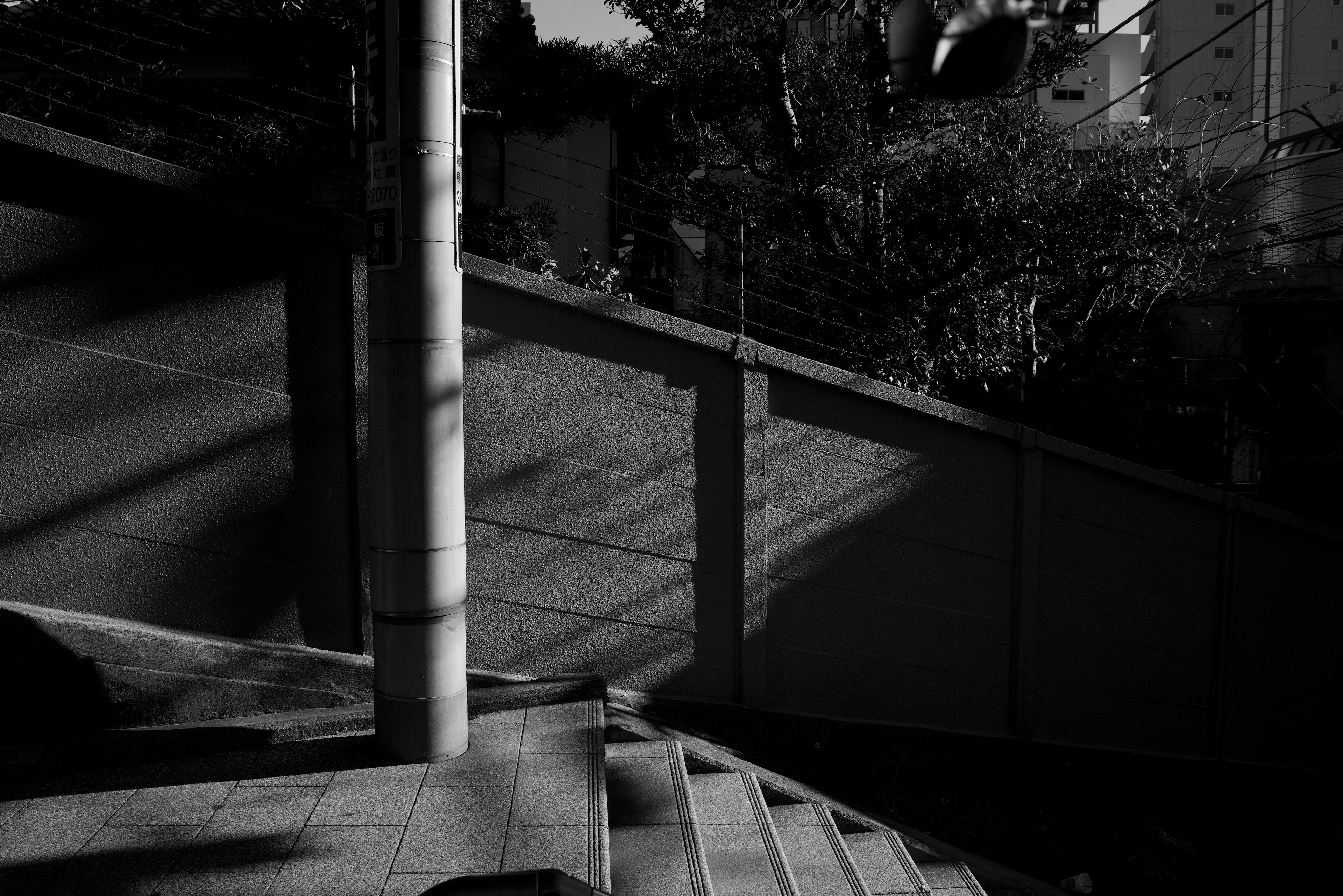 Black and white urban scene featuring stairs and striking shadows
