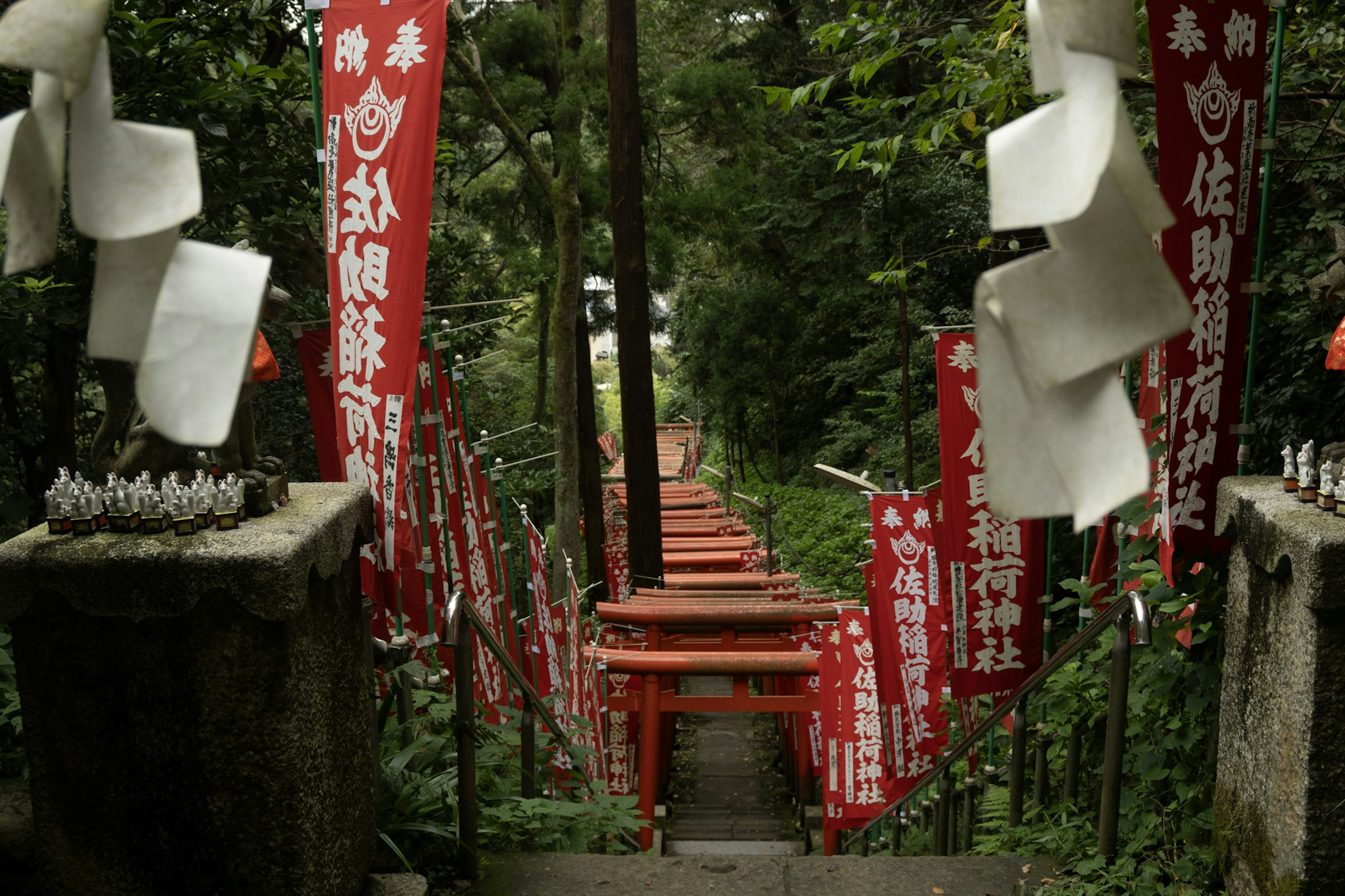 Tangga dengan gerbang torii merah dan spanduk putih dikelilingi oleh pepohonan hijau