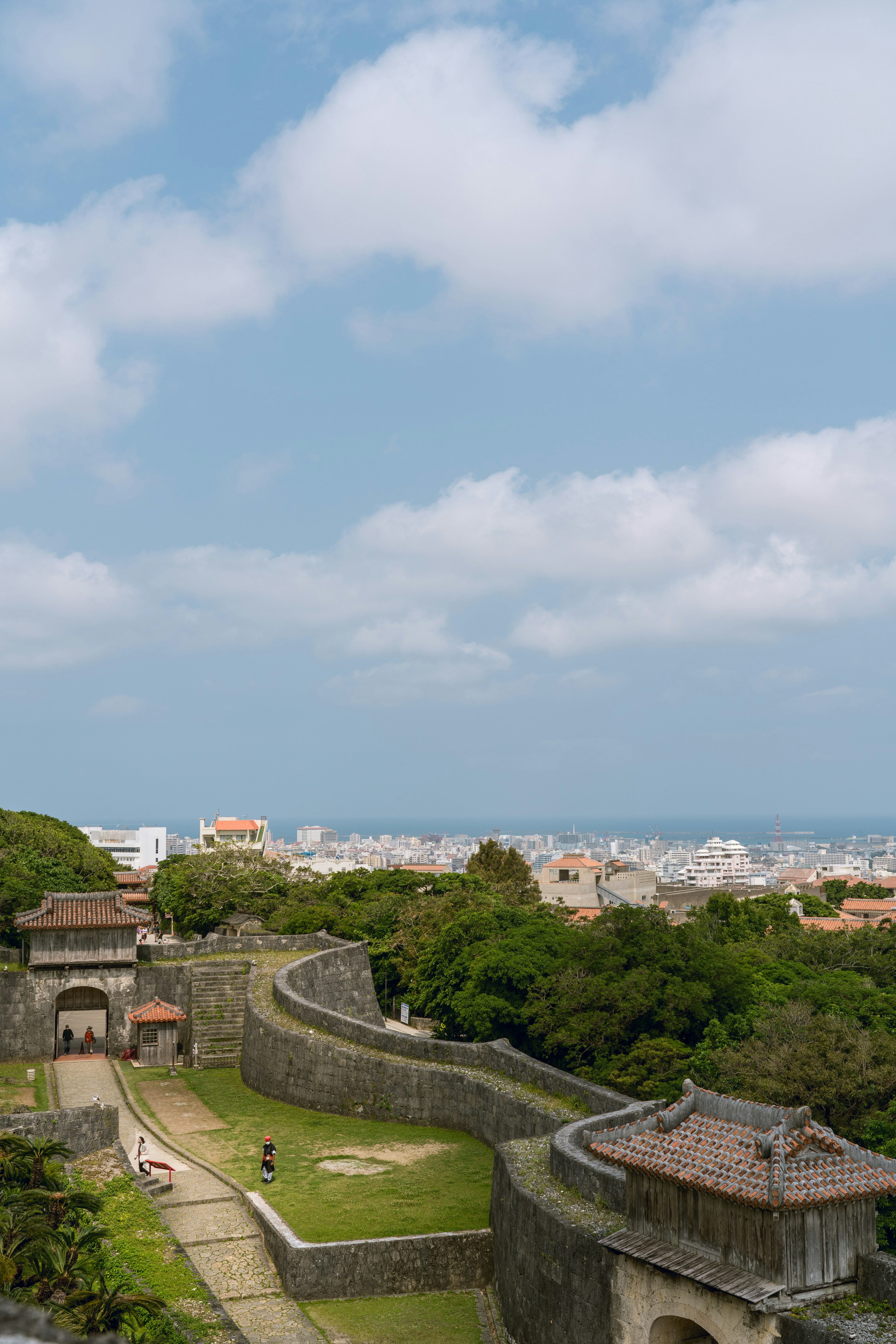 Vista escénica de antiguas murallas de castillo rodeadas de vegetación y cielo azul