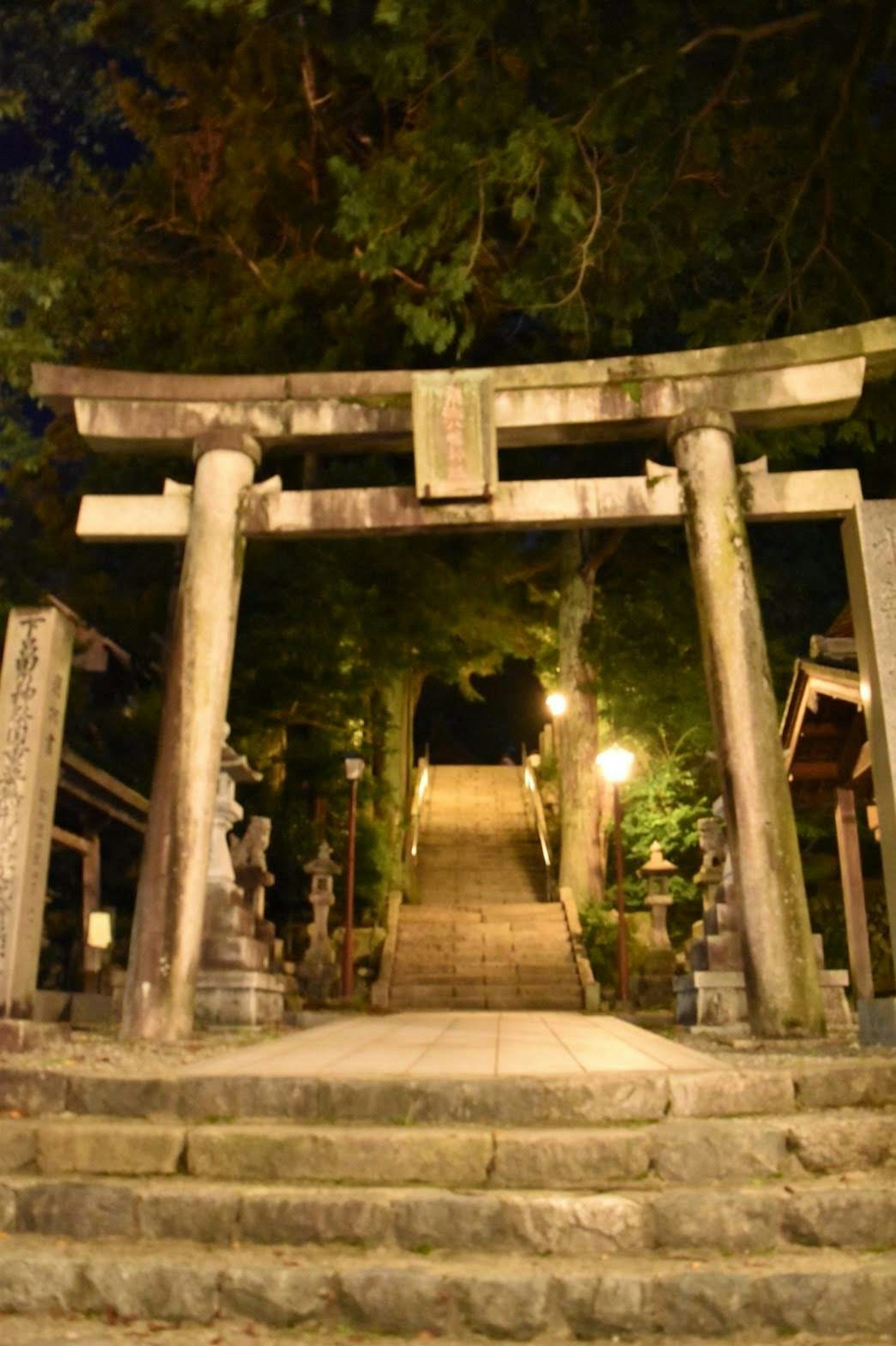 Pemandangan malam torii dan tangga batu yang diterangi lampu di sebuah kuil