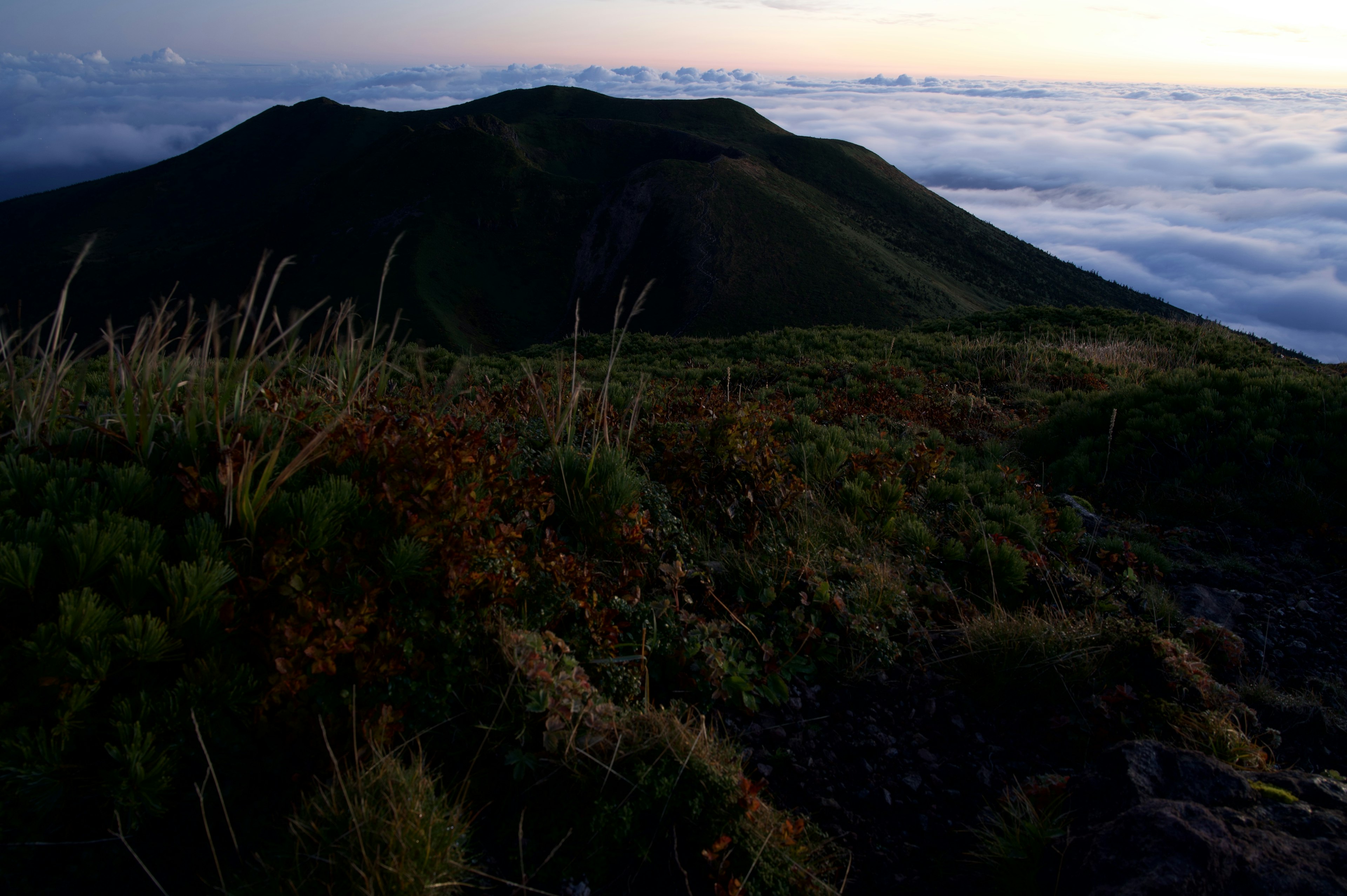 夕暮れの雲海に囲まれた山の風景