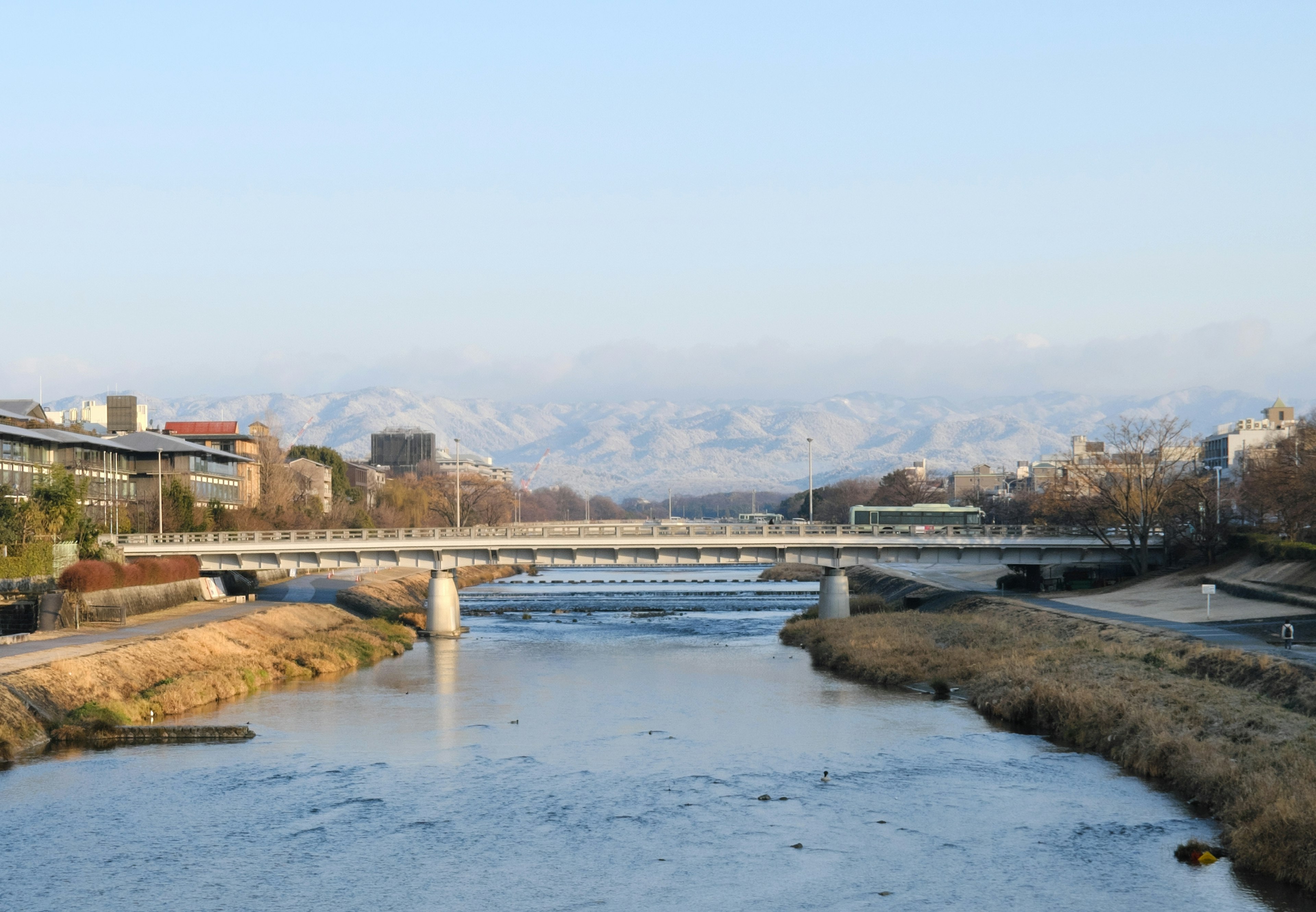 Serene river landscape with distant mountains