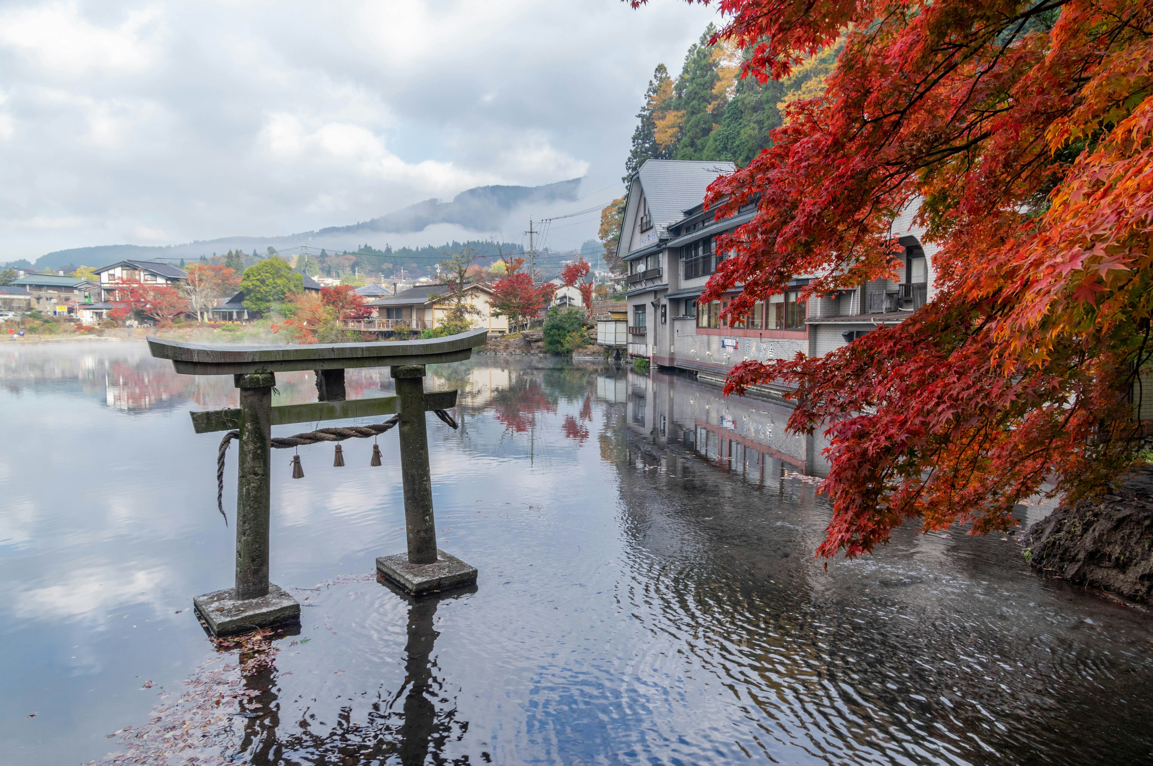 Gerbang torii dikelilingi oleh daun musim gugur yang cerah dan danau yang tenang