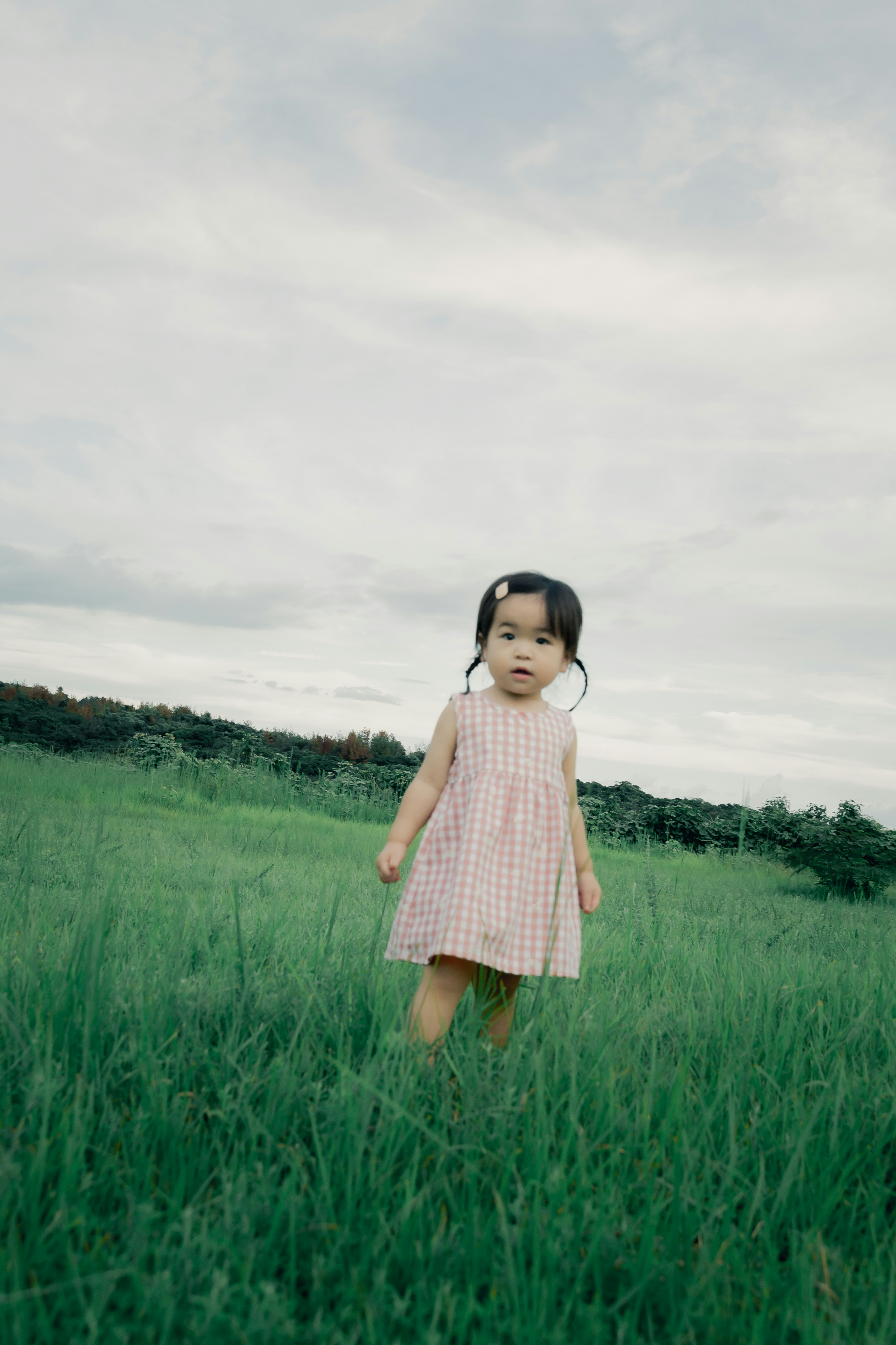 Seorang gadis kecil berdiri di ladang hijau dengan langit berawan di latar belakang