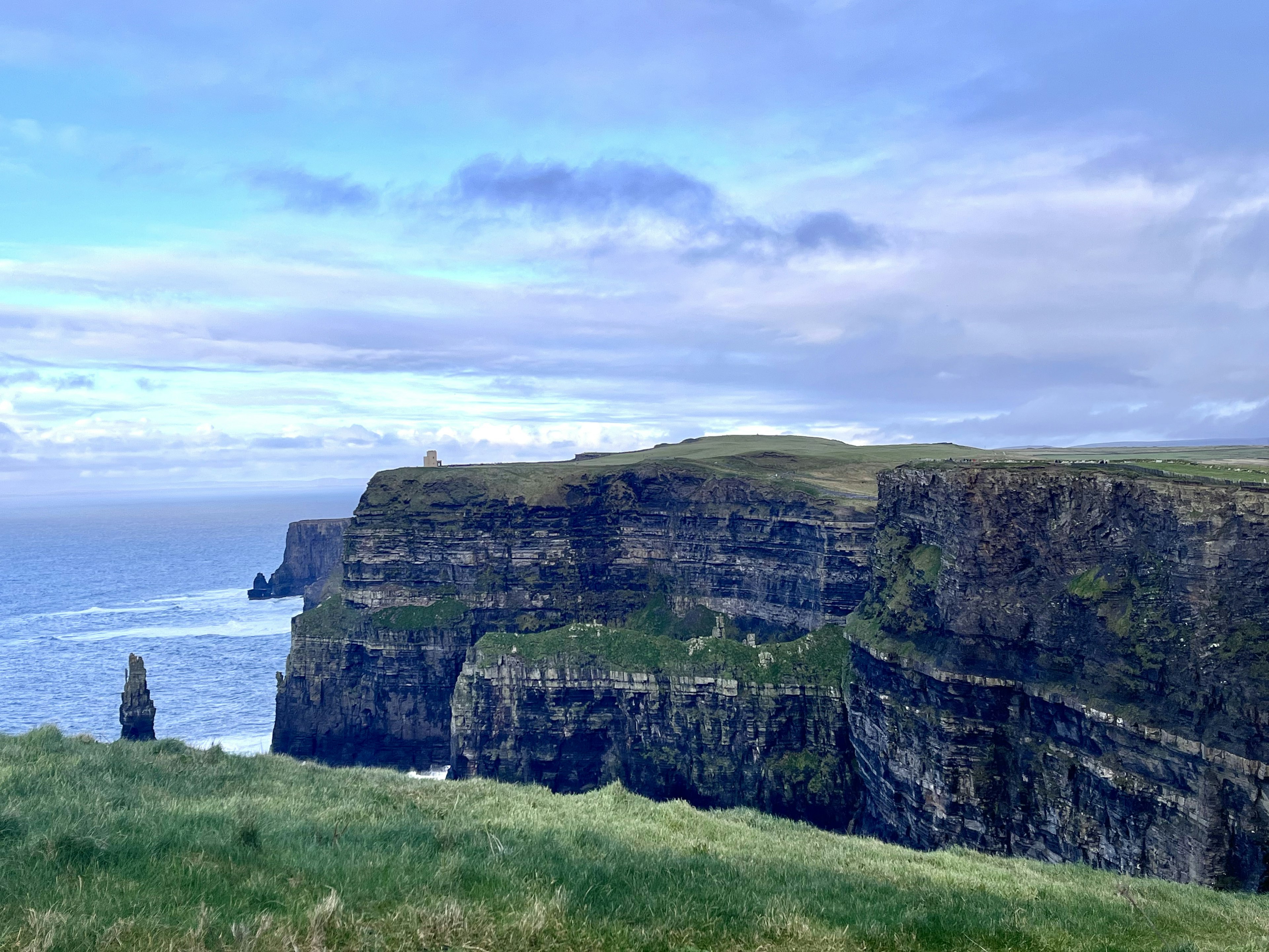 Vue imprenable sur les falaises en Irlande avec de l'herbe verte et une côte spectaculaire