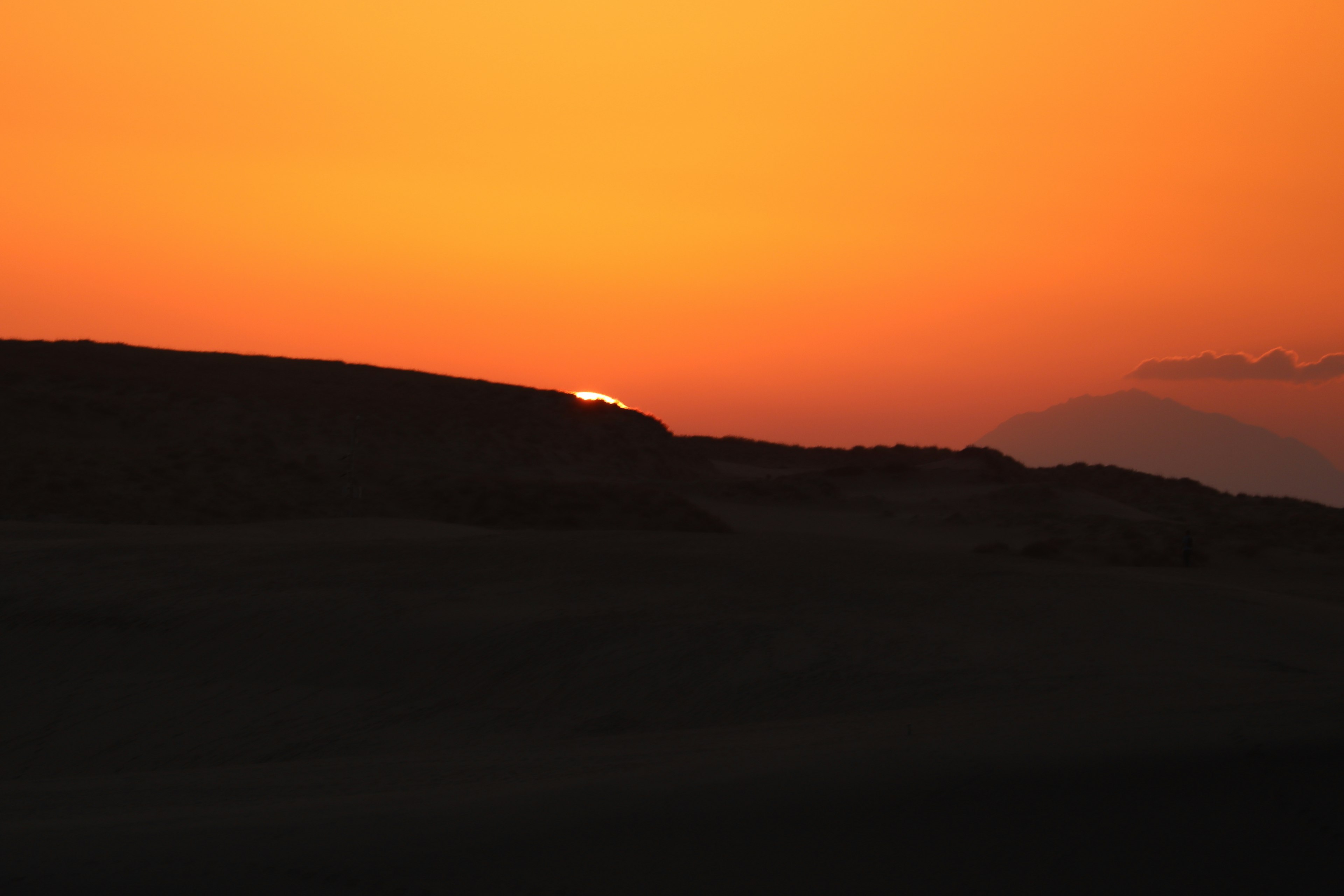 Silhouette der untergehenden Sonne vor einem orangefarbenen Himmel