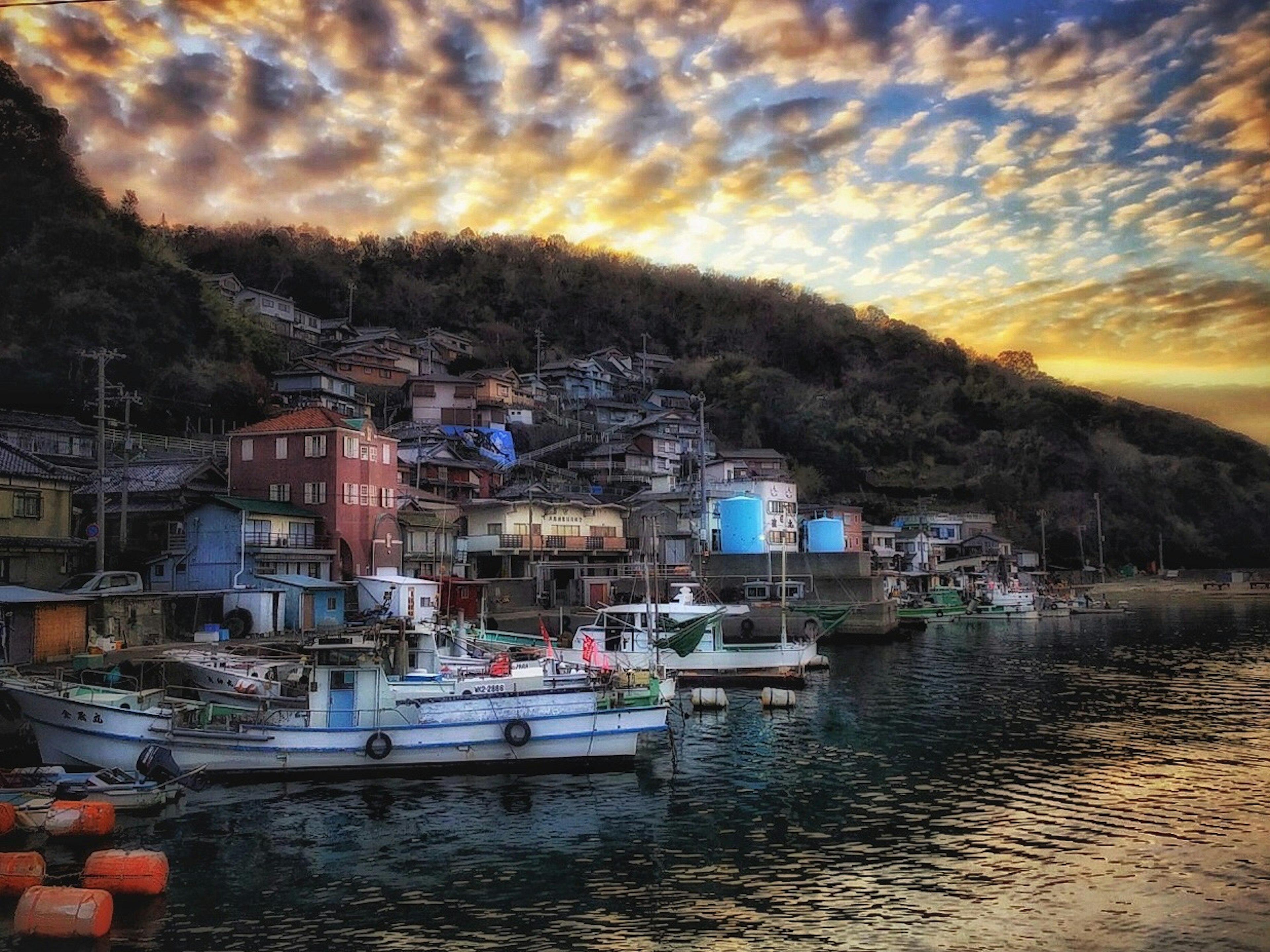 沿海岸线排列的五颜六色的渔船与日落和山丘背景