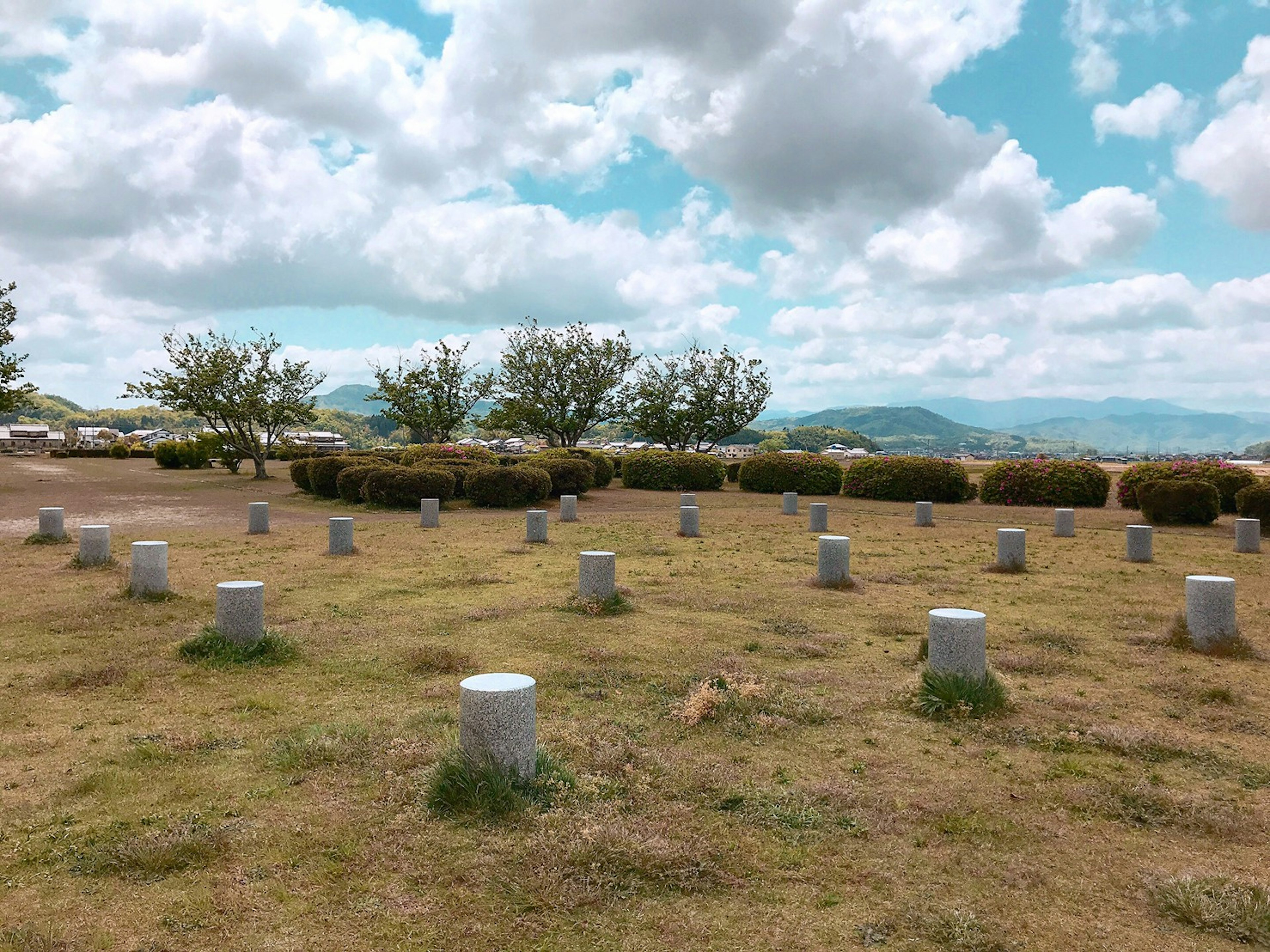 绿色草坪上排列着白色圆柱物体，蓝天背景