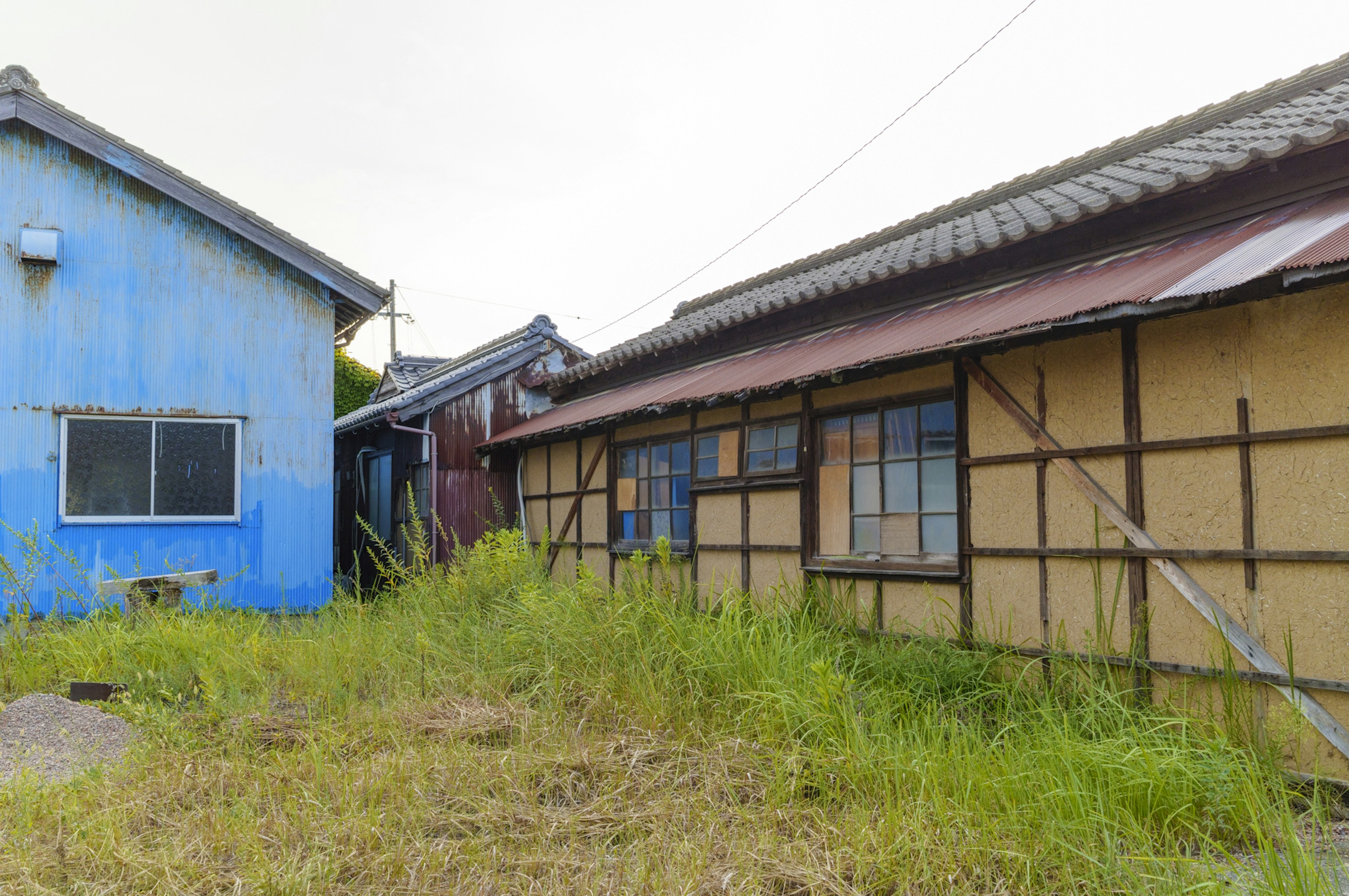 Una casa azul y una casa marrón una al lado de la otra con hierba crecida