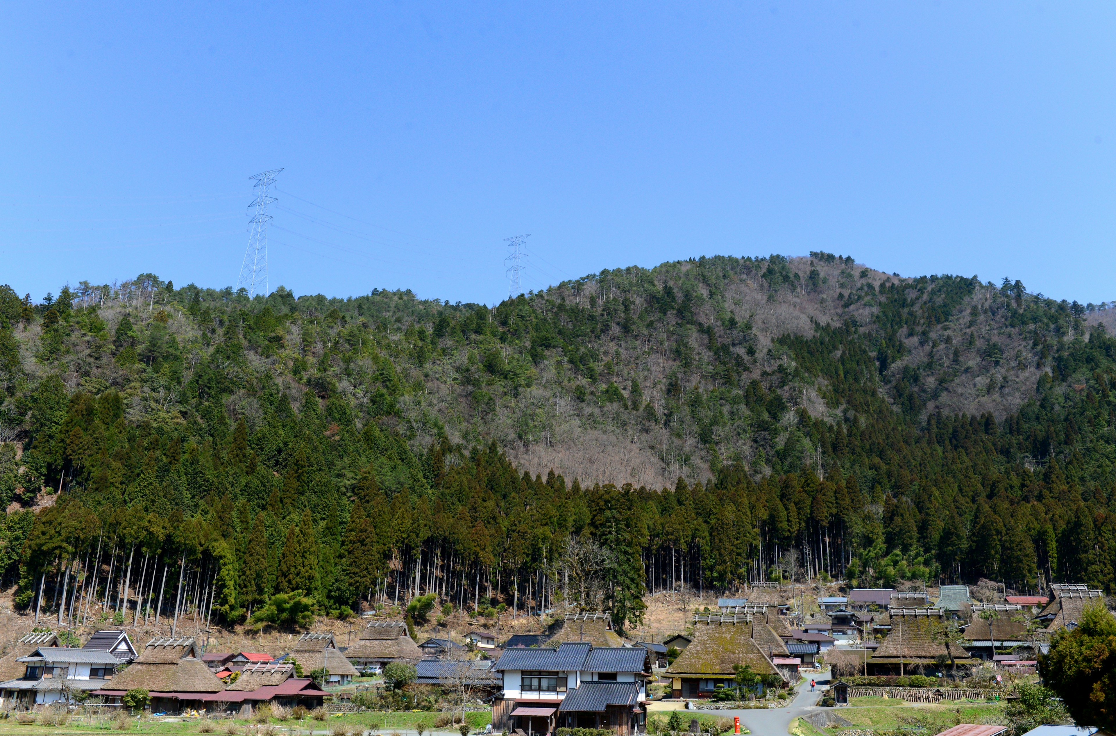 Paysage avec des maisons et des montagnes sous un ciel bleu clair