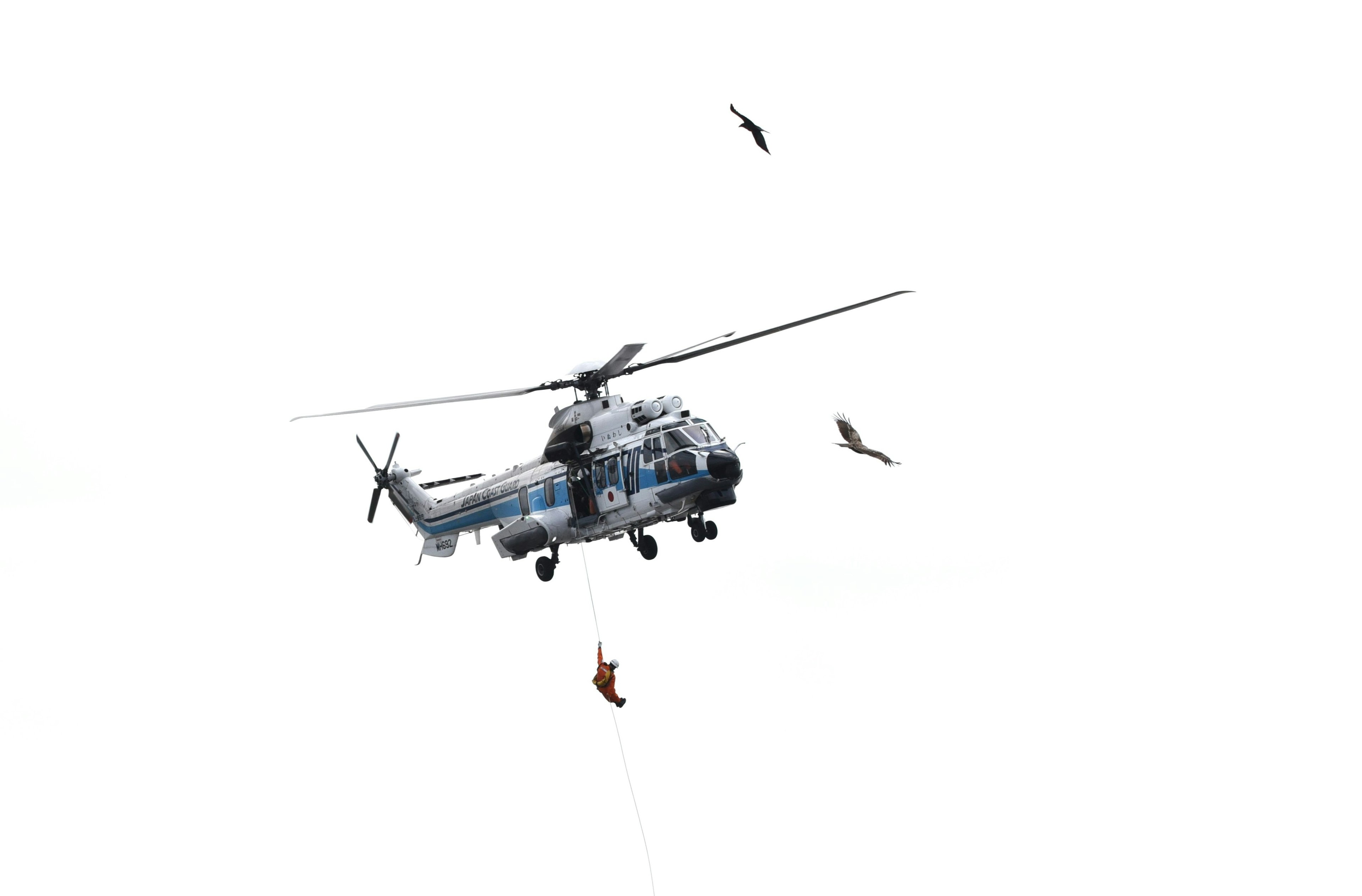 Helicopter performing a rescue operation with a person being lowered