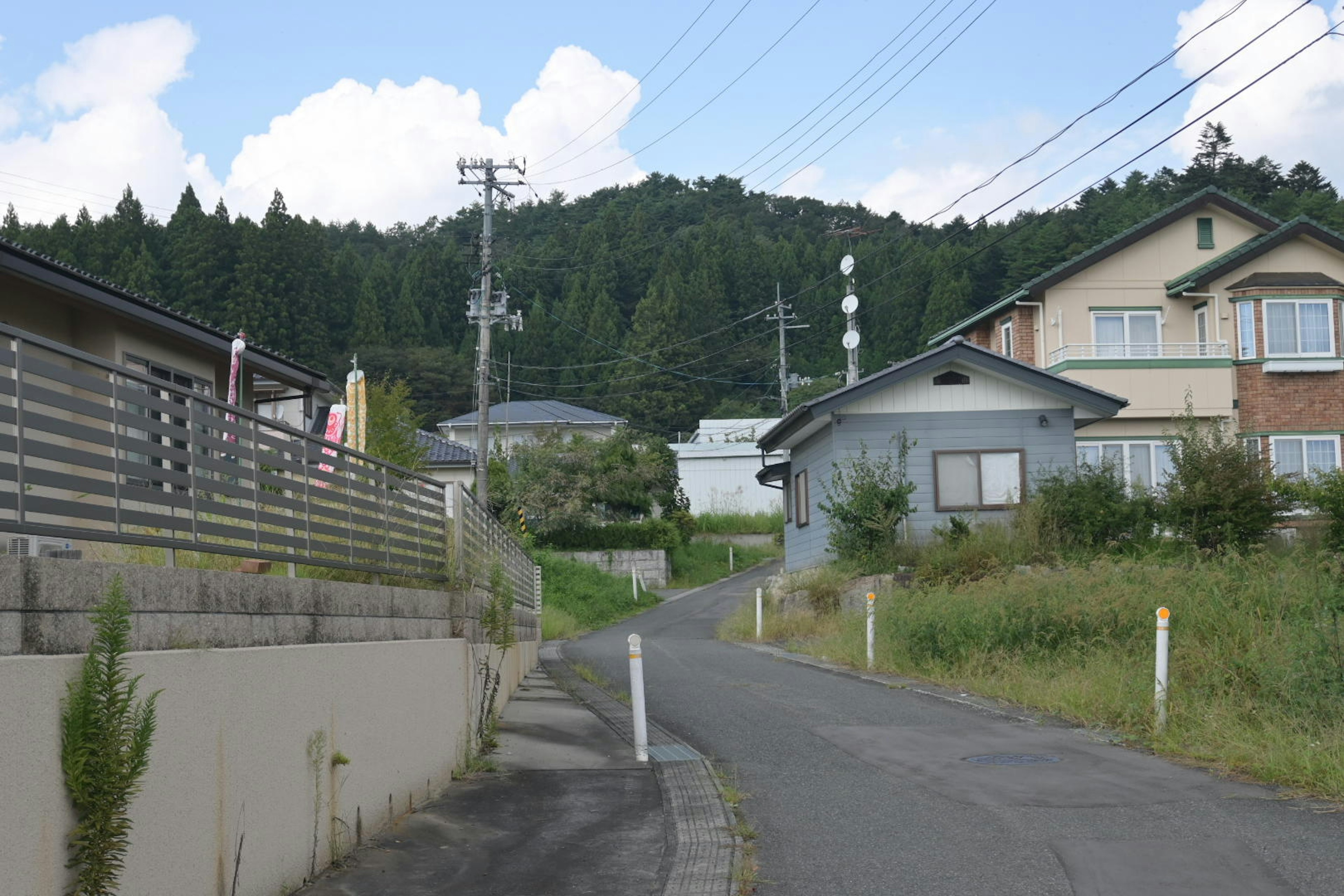 Ruhige Straßenszene mit Häusern und grünen Bergen