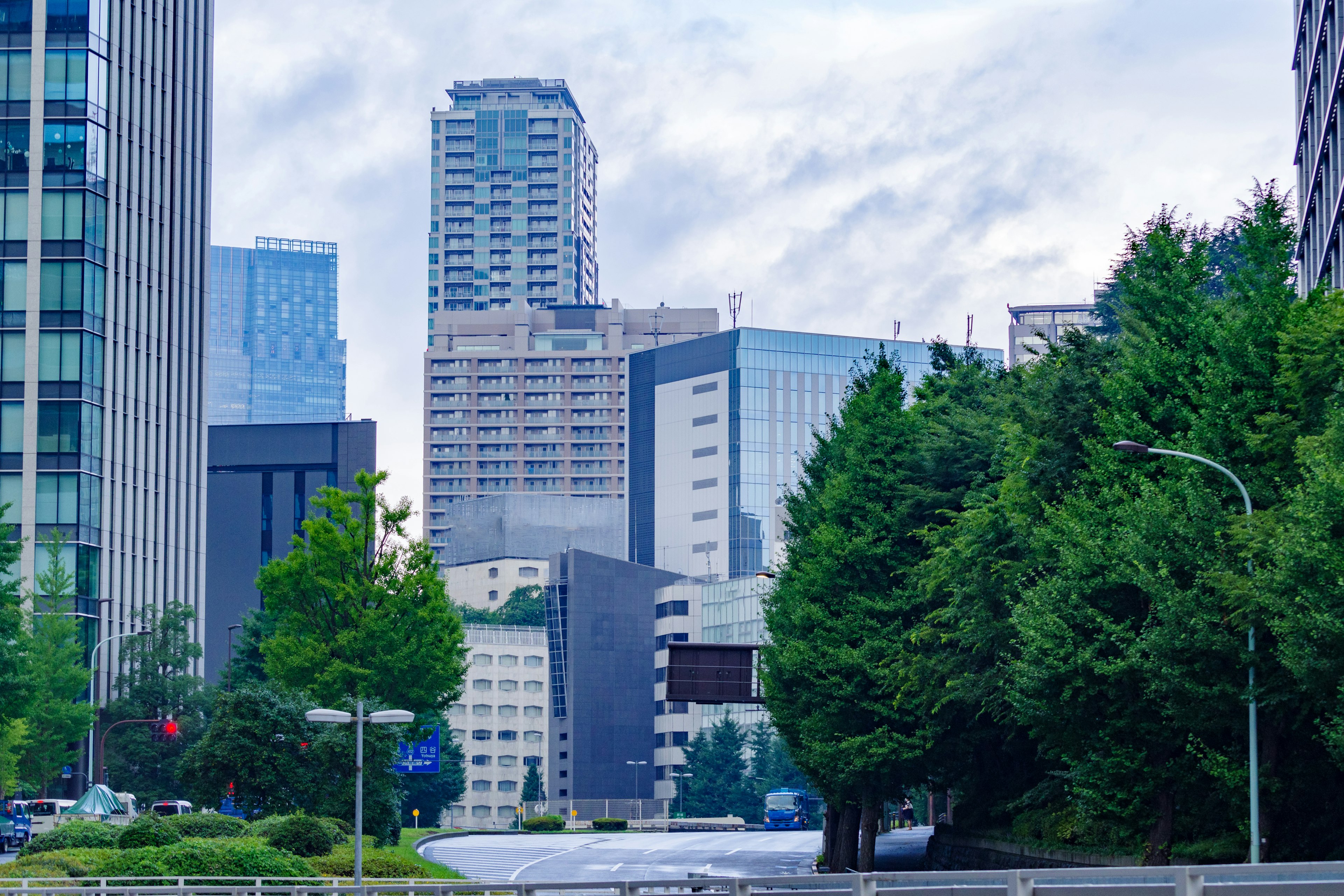 城市風景，摩天大樓，郁郁蔥蔥的樹木和陰天