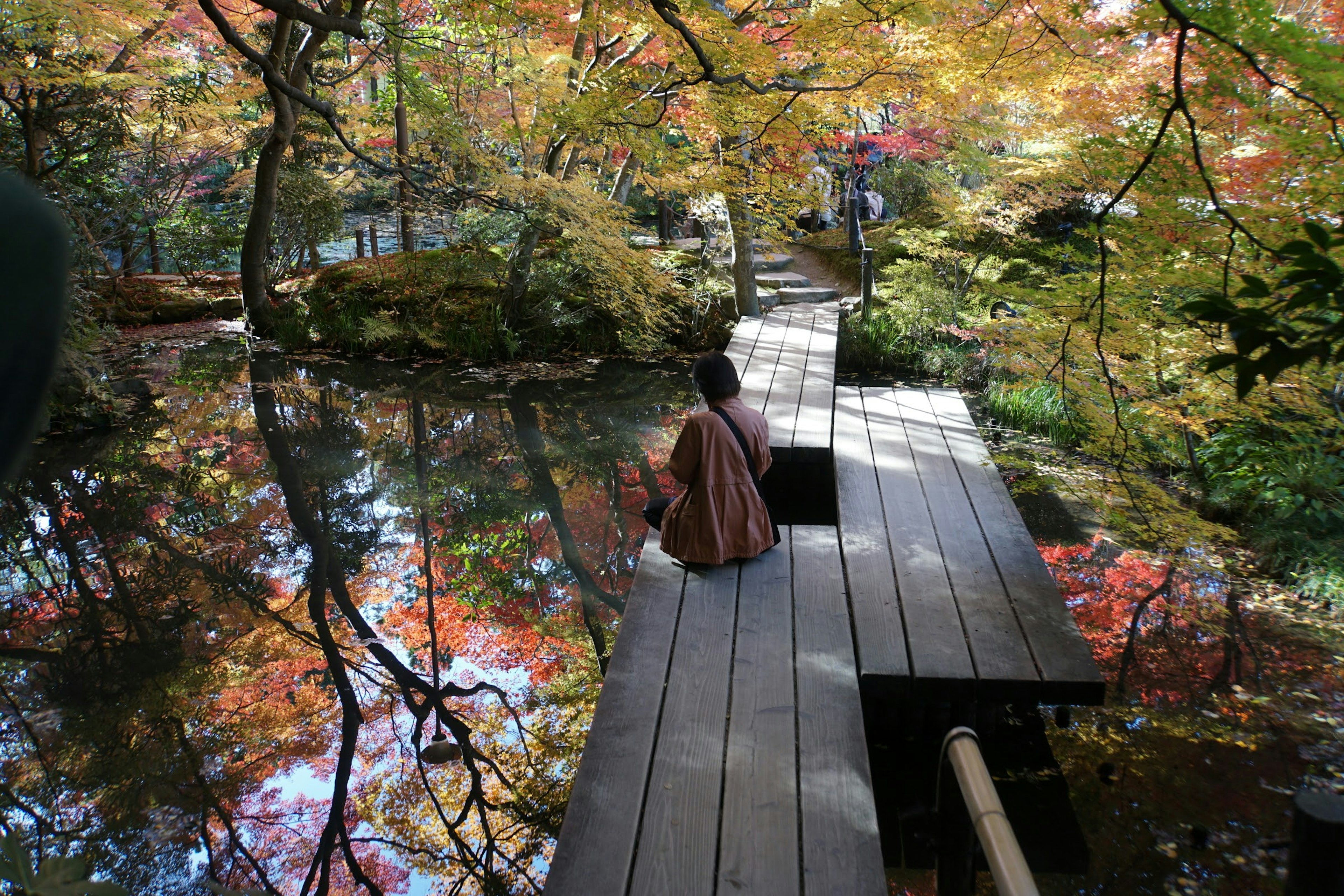 静かな池のほとりに座る人物と色とりどりの紅葉が映る風景