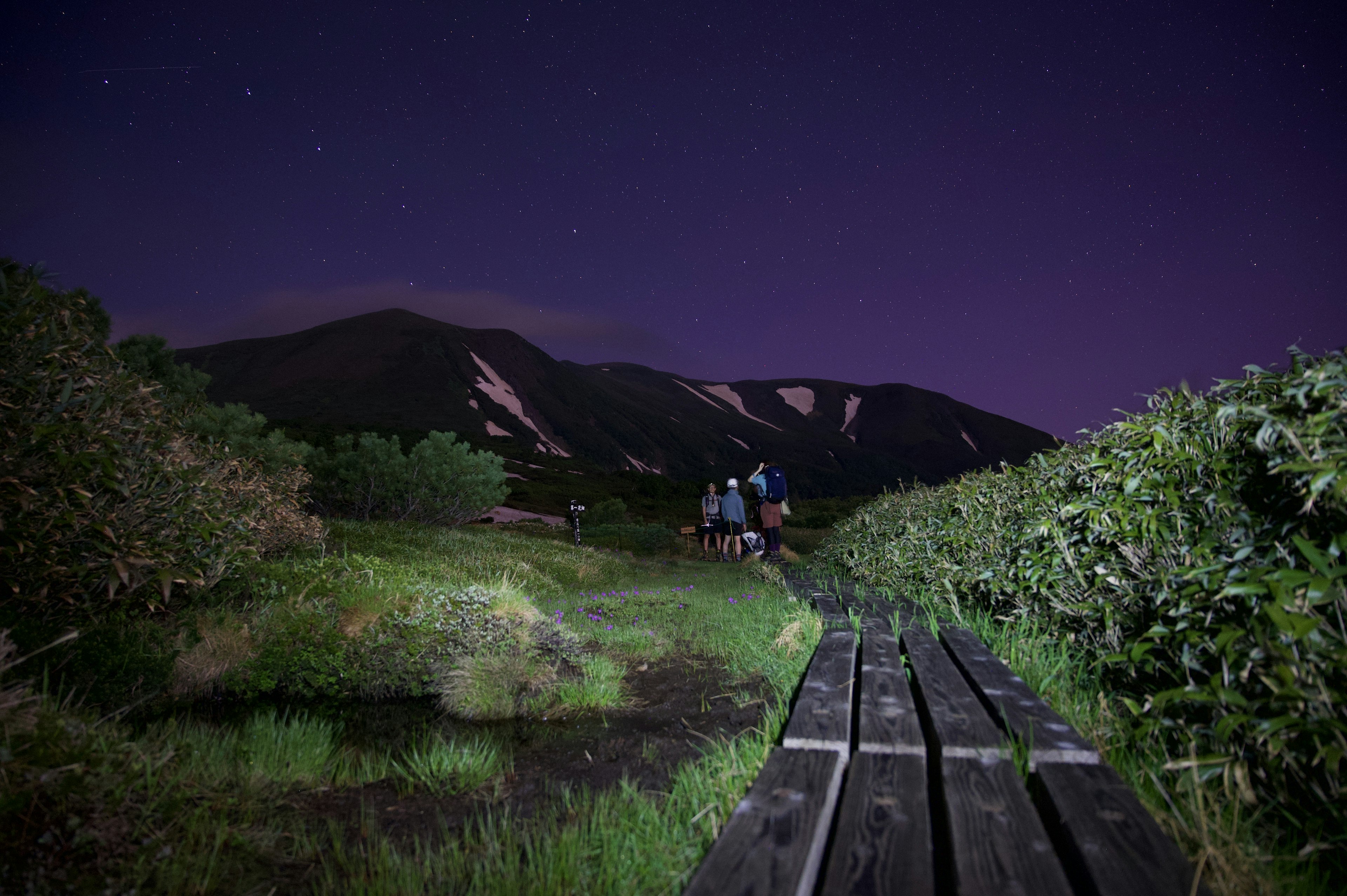 夜空の下の木製の歩道と山々の風景