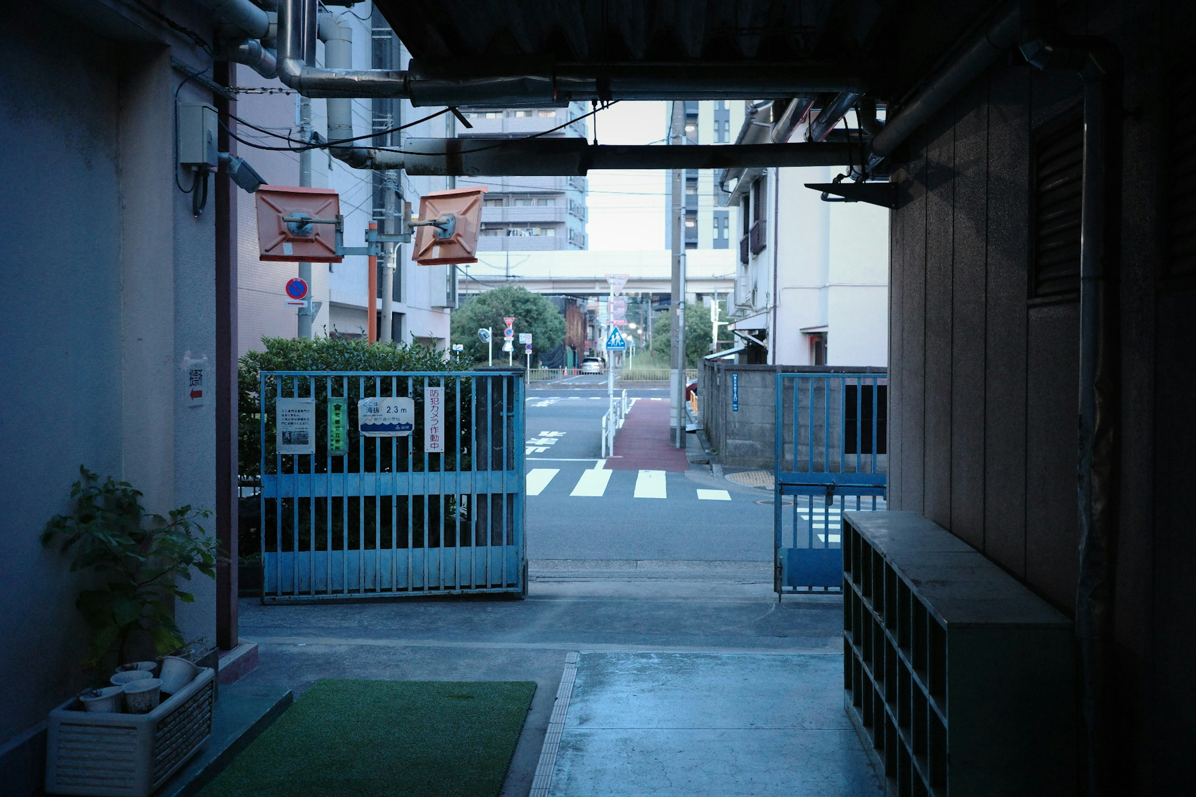 Pasaje tranquilo con puerta azul y vista de la calle