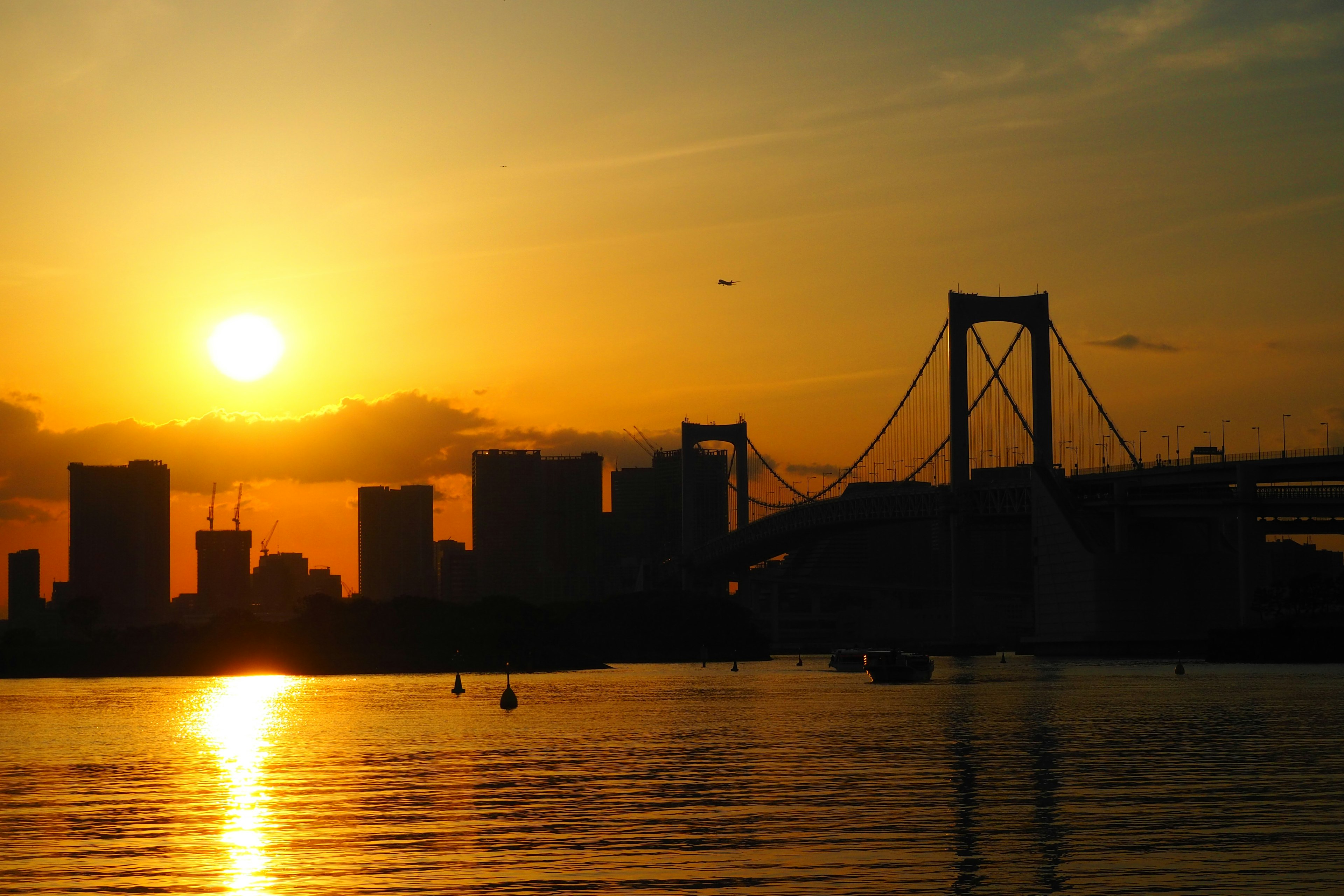 Silhouette of Rainbow Bridge and skyline during sunset