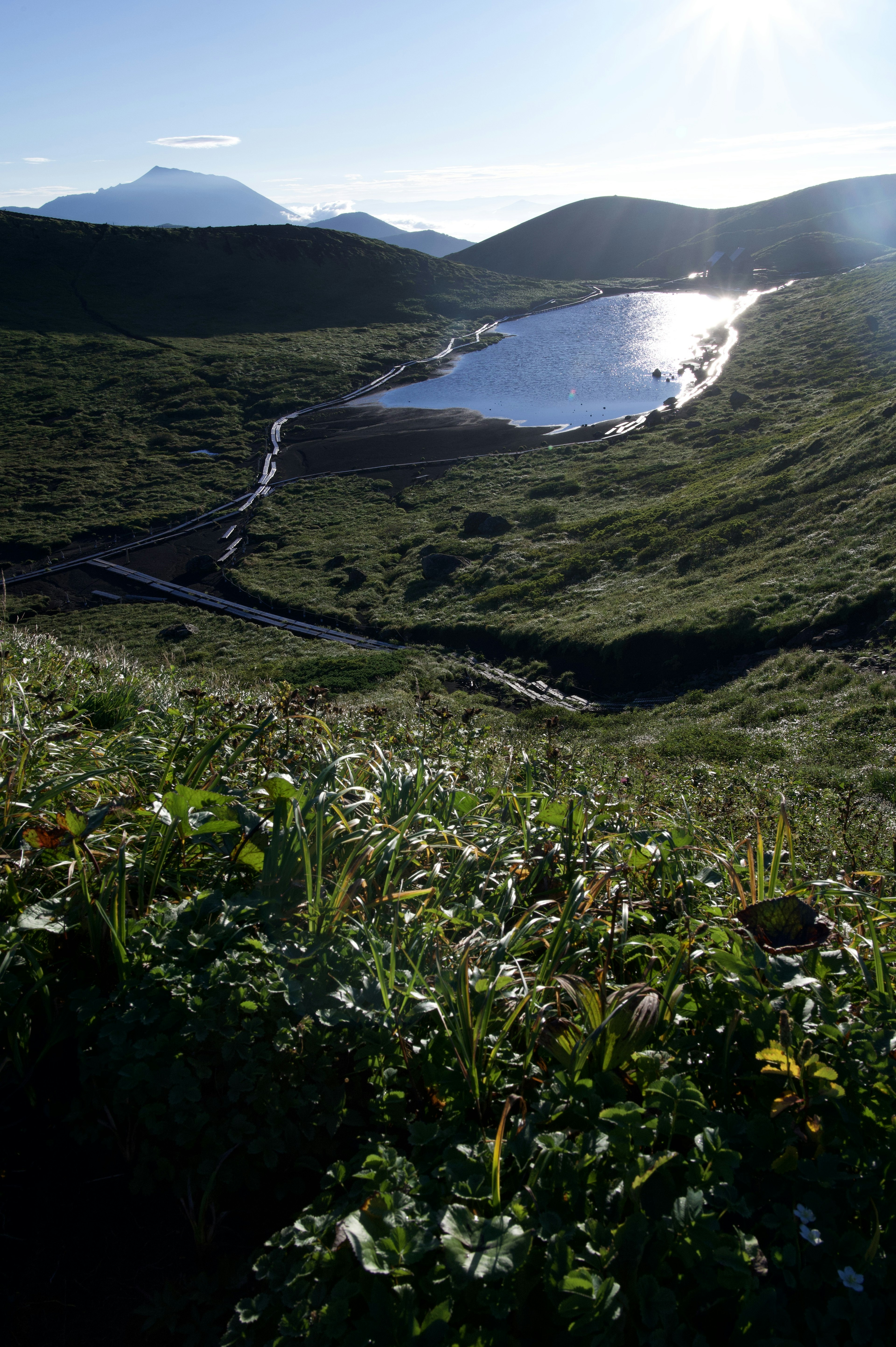 Ein ruhiger See umgeben von üppigem Grün und Bergen im Hintergrund