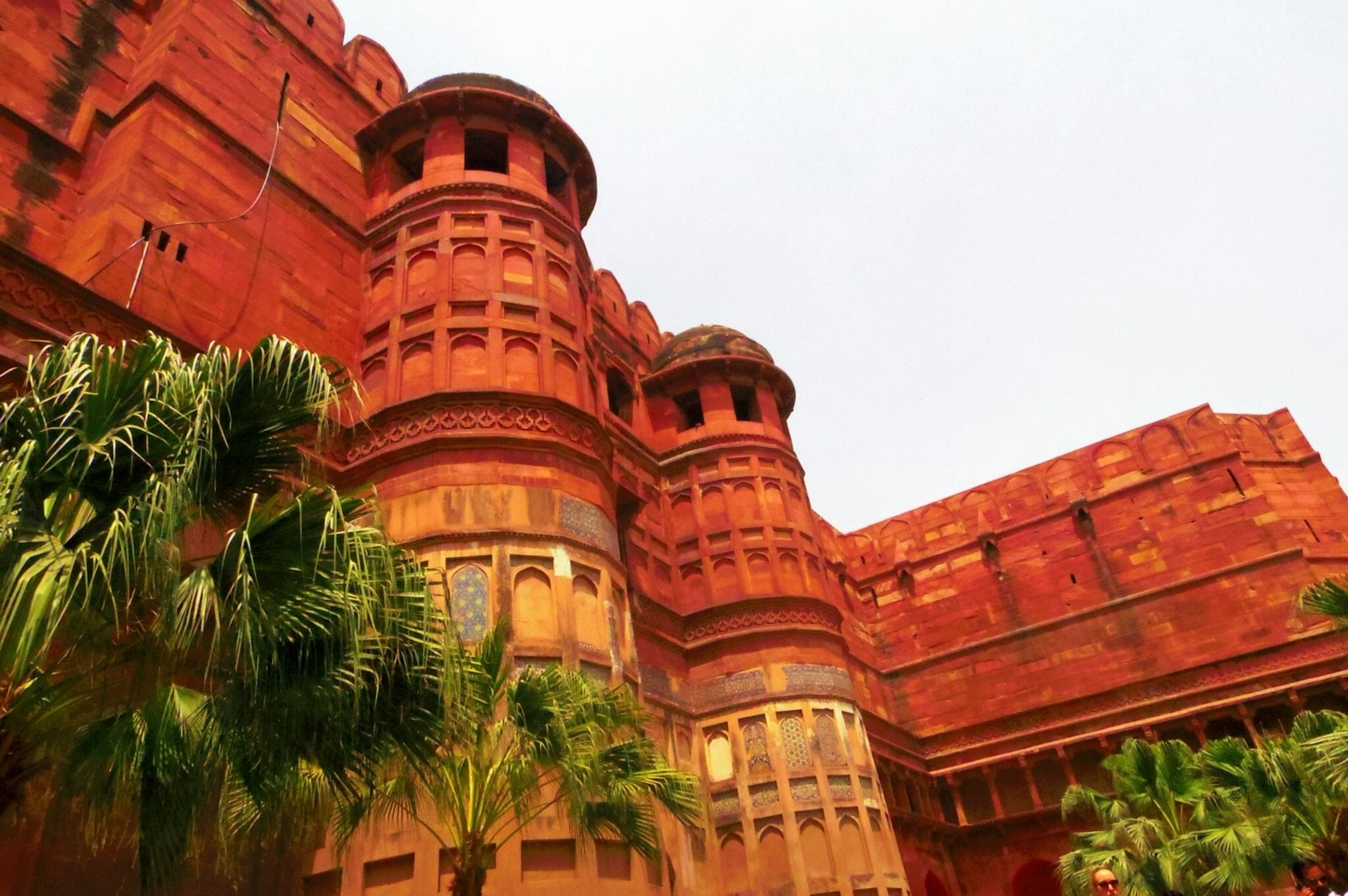 Majestic architecture of a red fort with lush green plants