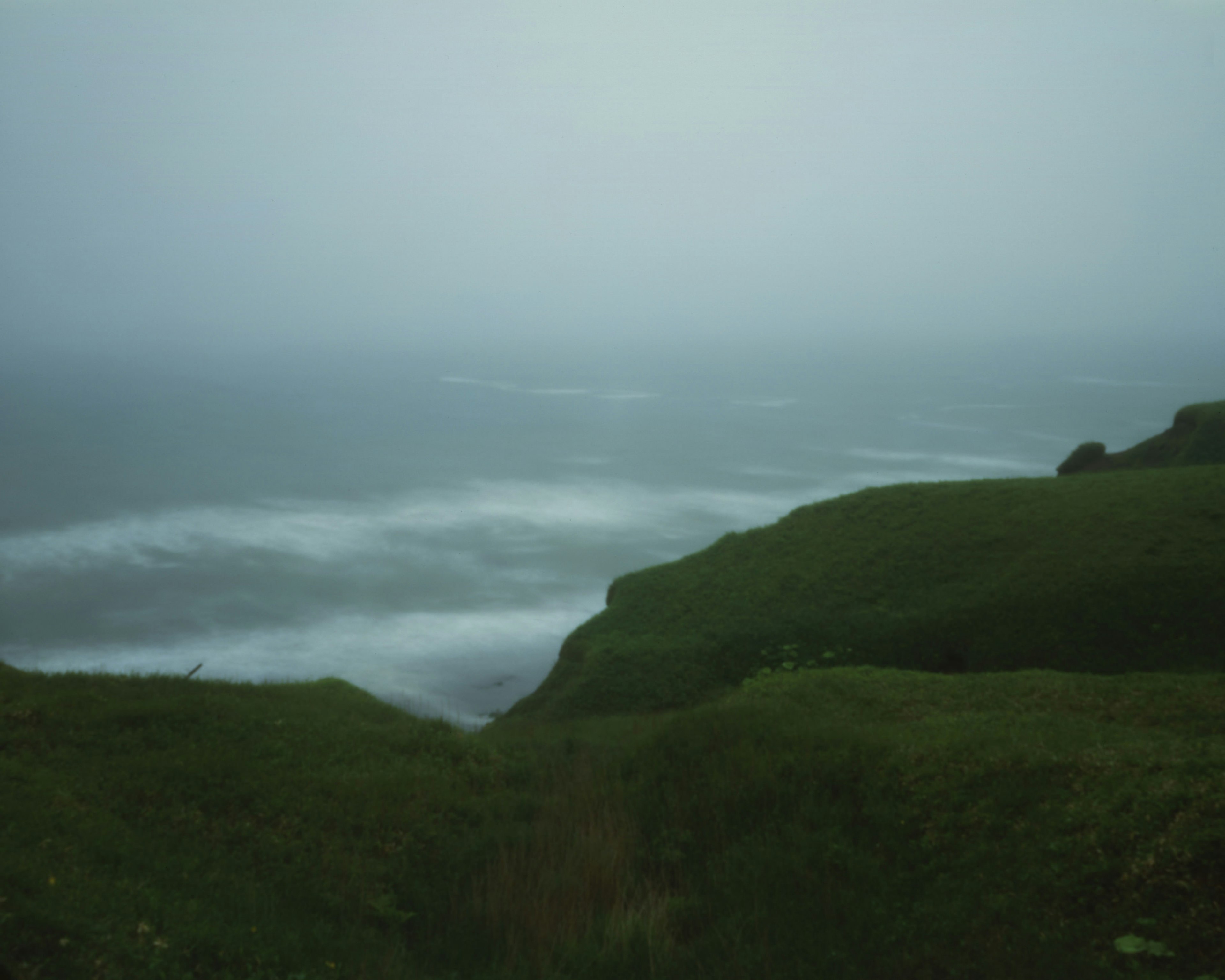 Foggy coastal landscape with rolling waves