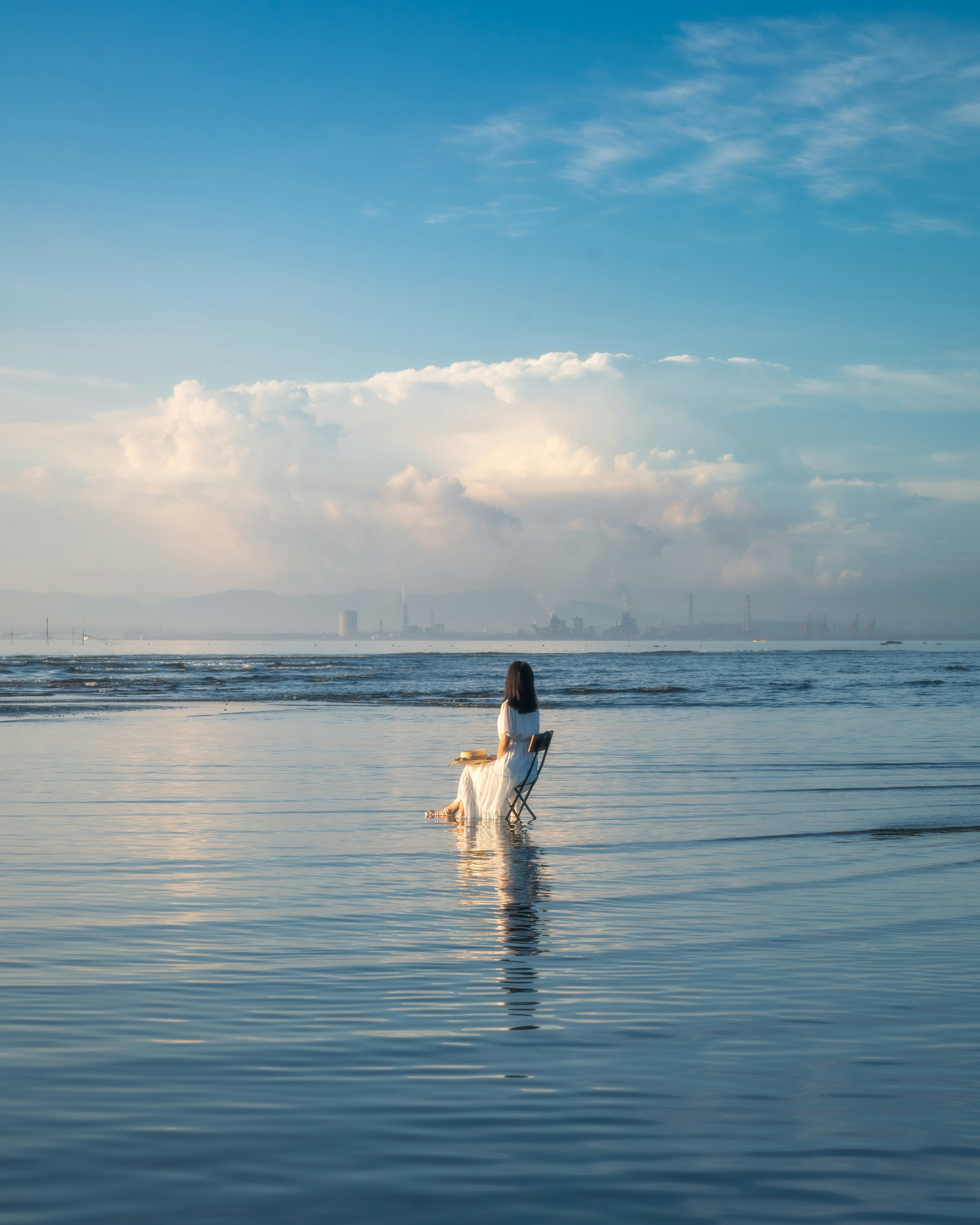 เงาของผู้หญิงที่เล่นกับสุนัขที่ชายหาด ท้องฟ้าสีฟ้าและเมฆสวยในพื้นหลัง