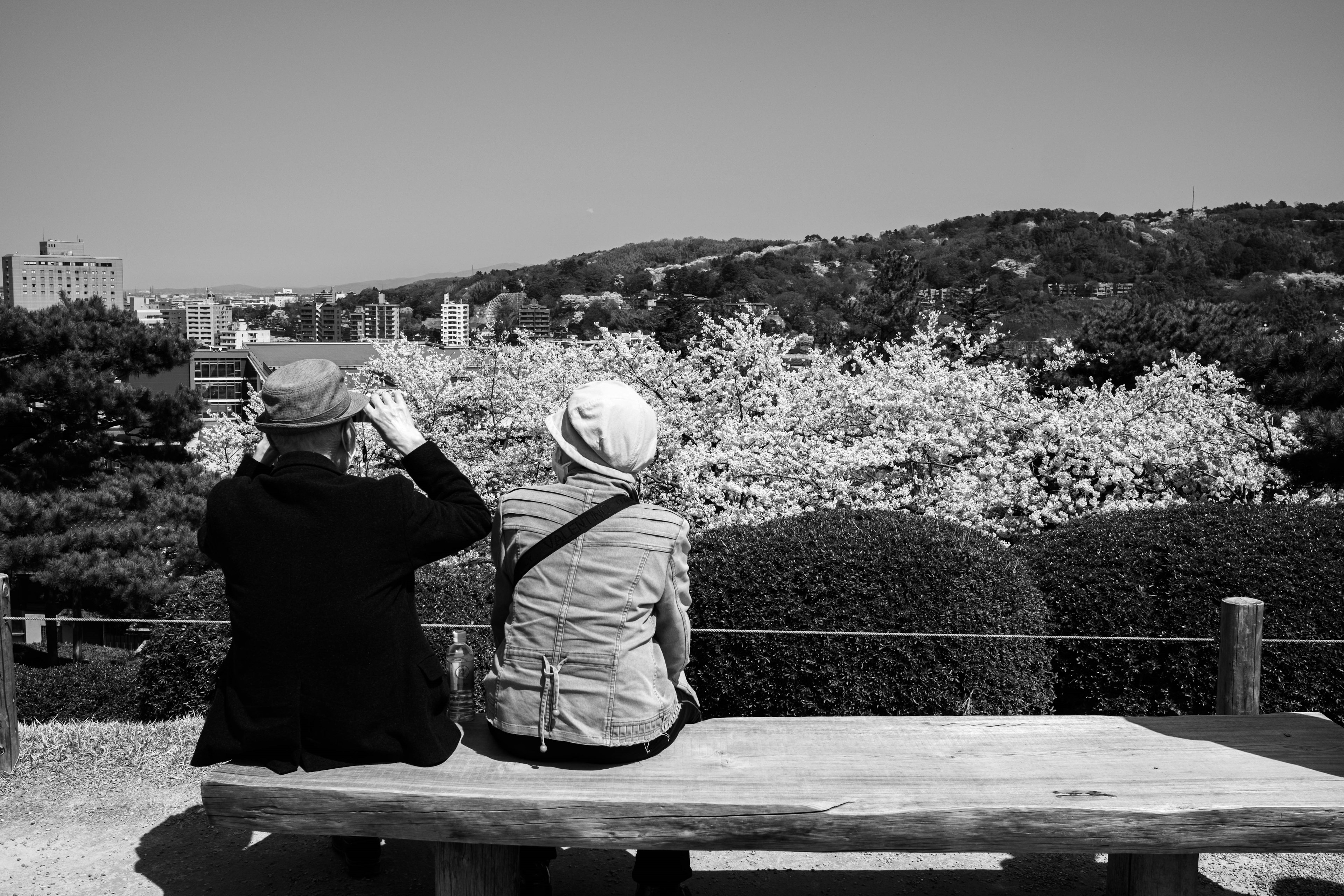 Deux personnes assises sur un banc regardant le paysage dans une photo en noir et blanc