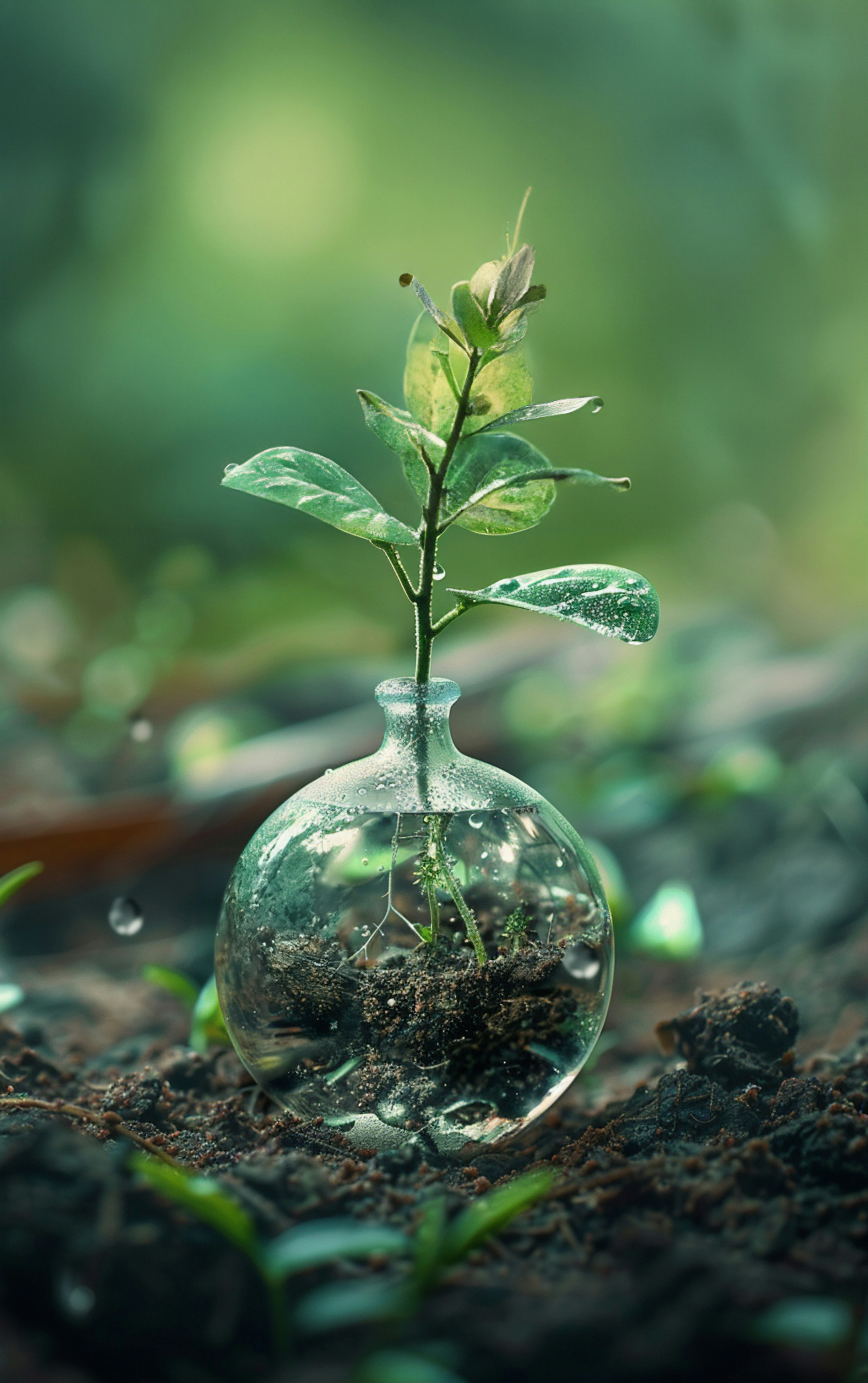 Une petite plante poussant dans du sol à l'intérieur d'une orbe en verre avec des gouttes d'eau