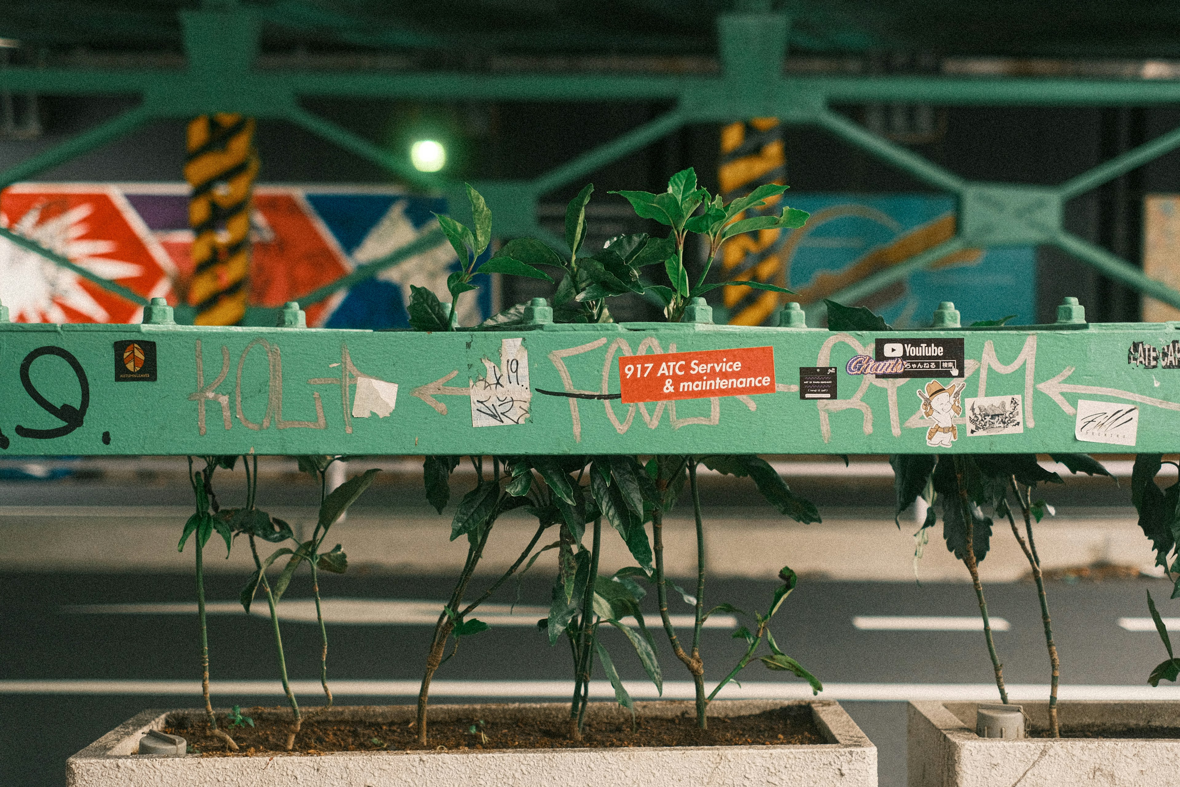 Green guardrail with plants and various stickers attached