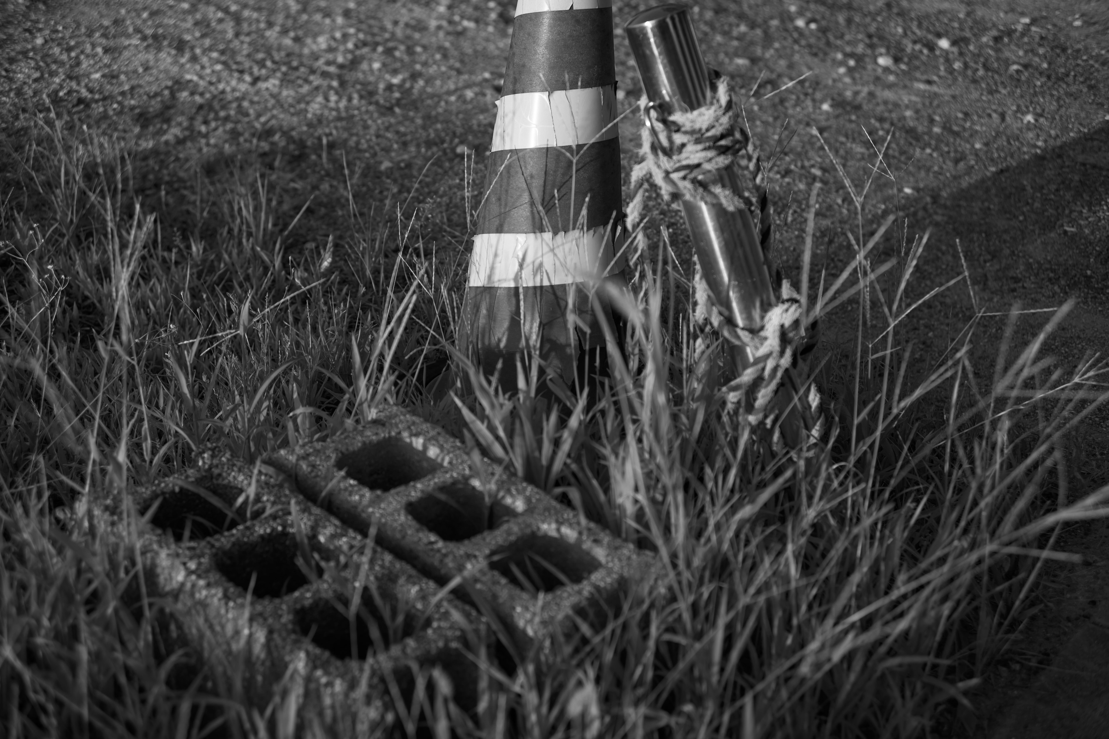 Black and white image featuring a traffic cone and a drain covered in grass