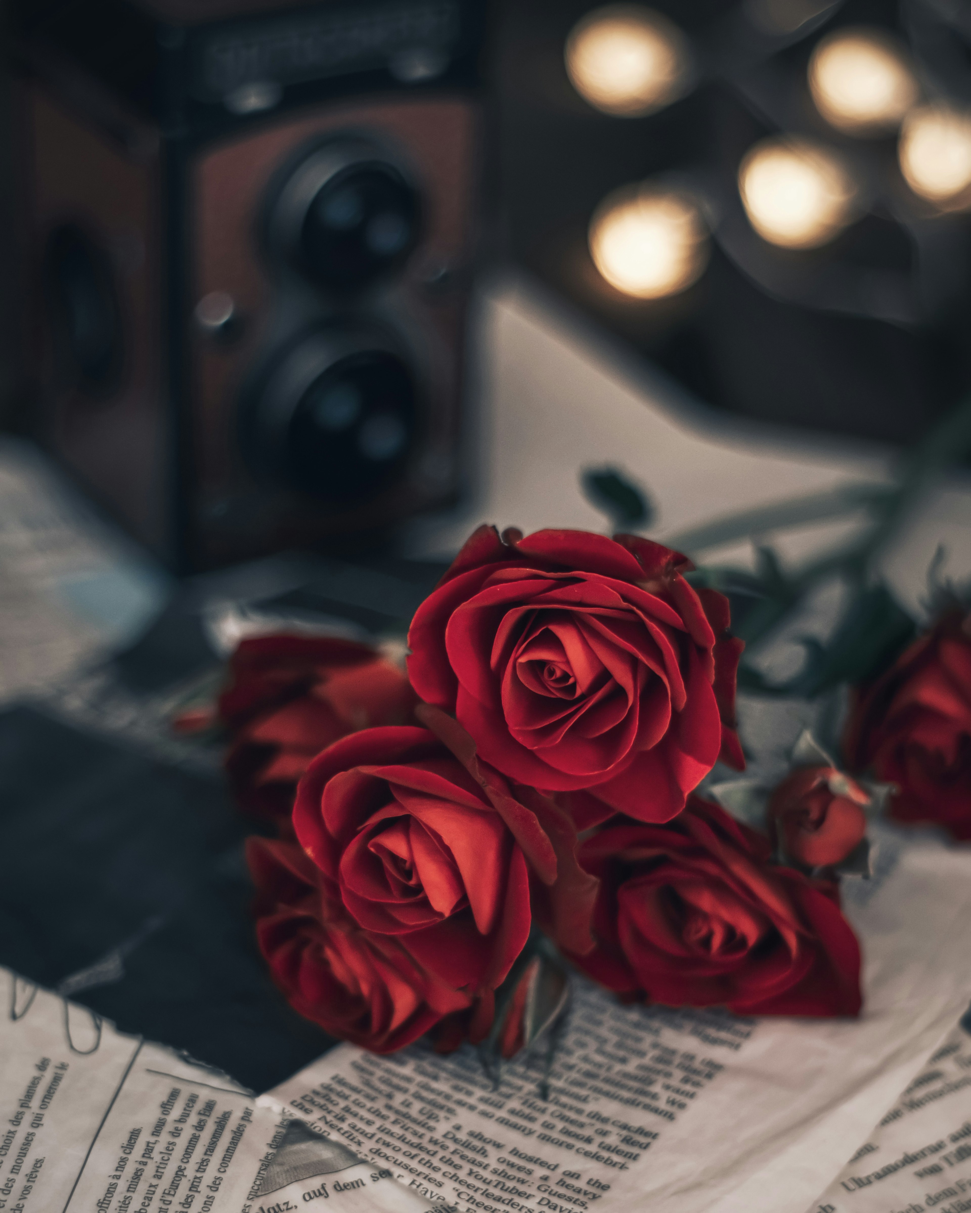 A bouquet of red roses with a vintage camera in the background