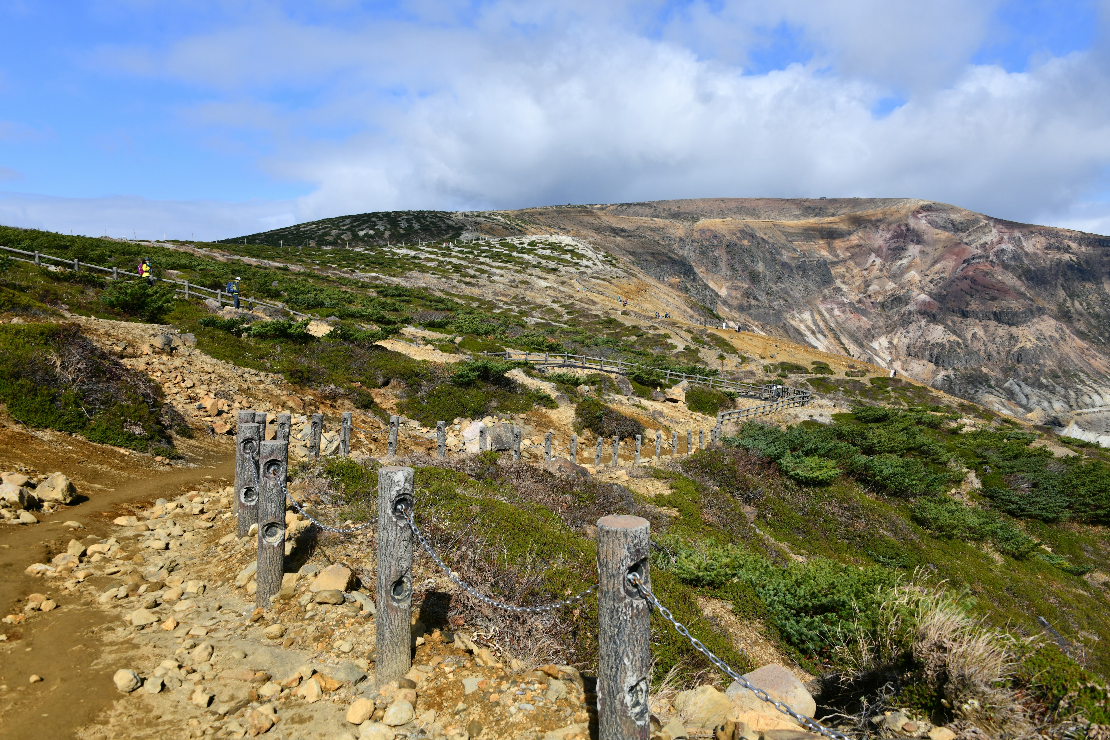 山道と緑の草原が広がる風景