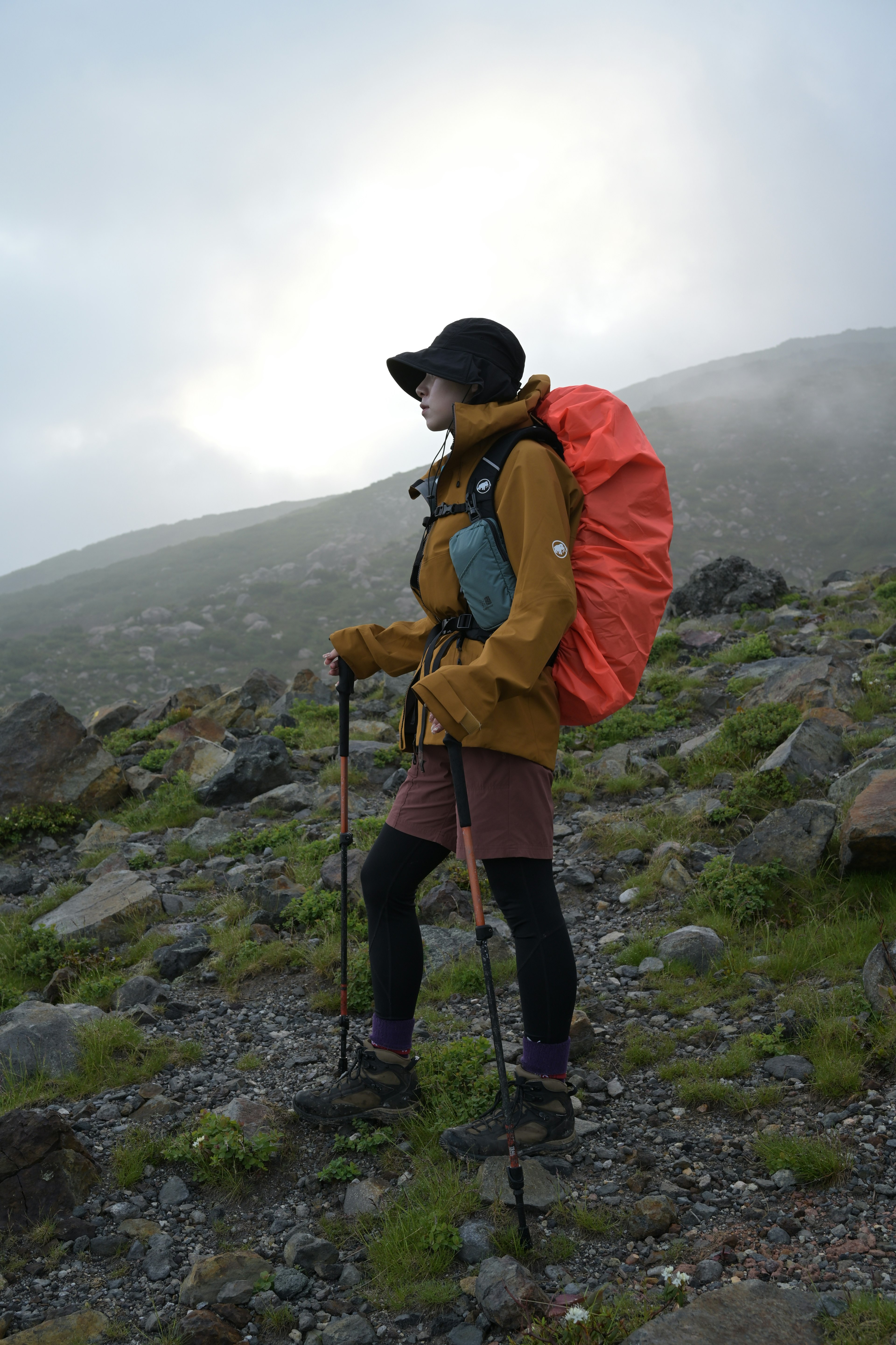 霧の中で登山を楽しむ人のシルエットオレンジのバックパックを背負いトレッキングポールを持つ