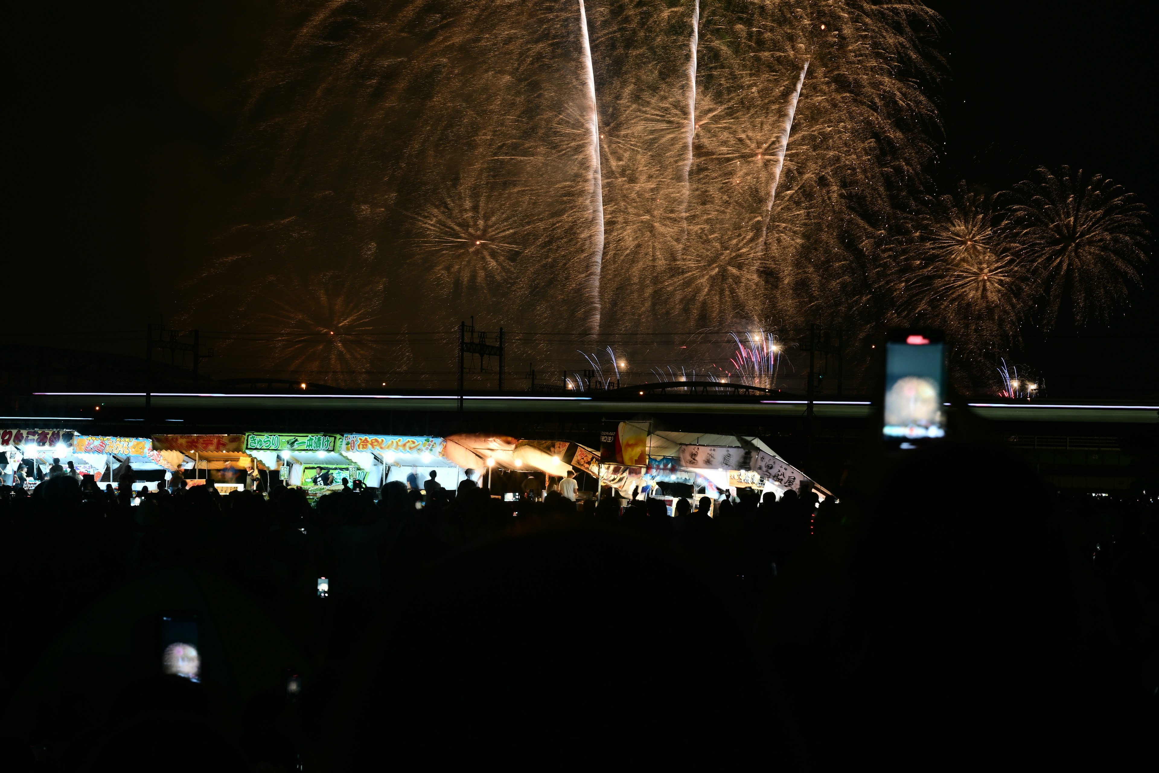 Folla in silhouette contro un'esplosione di fuochi d'artificio nel cielo notturno