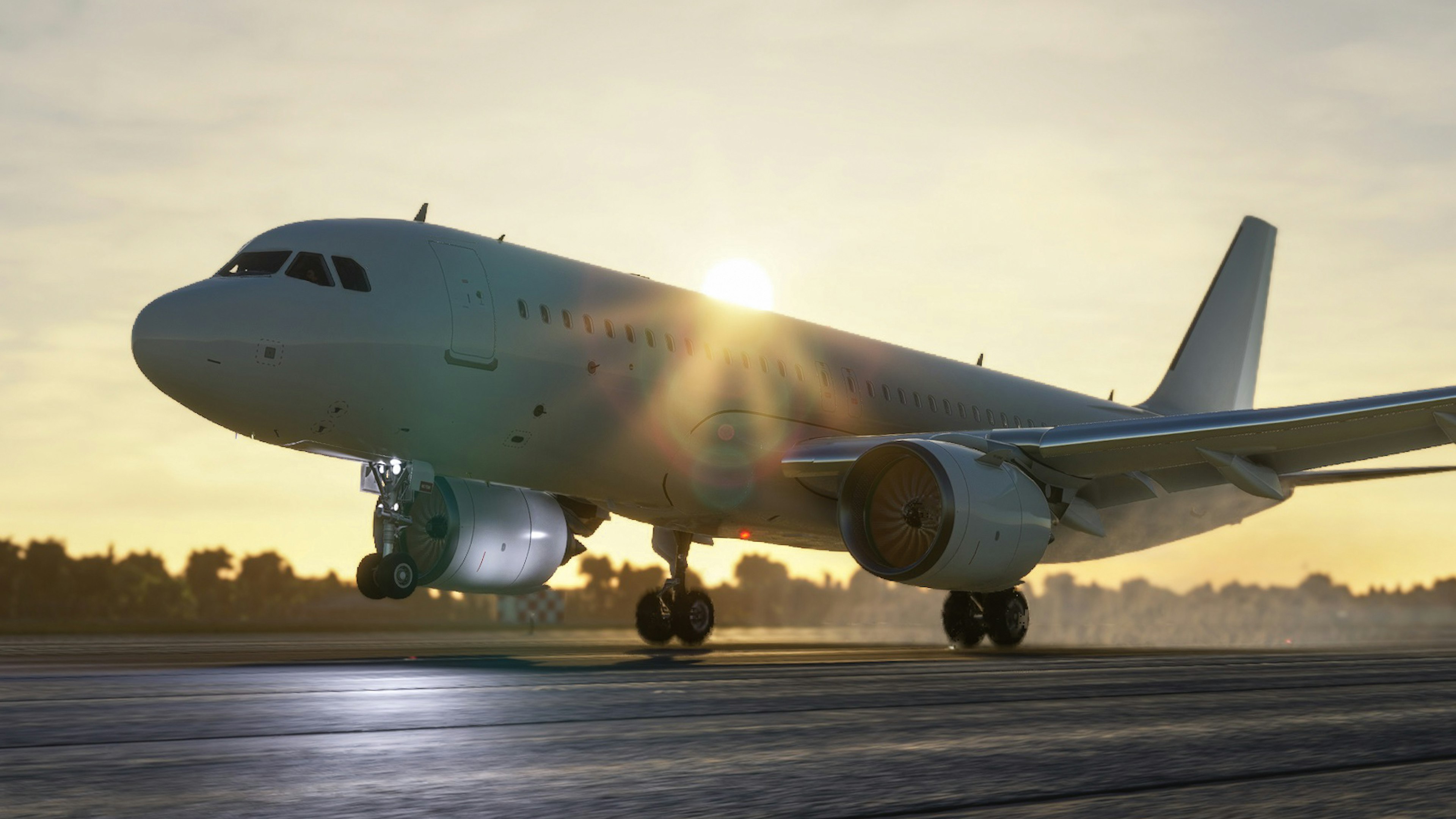 Avión de pasajeros rodando en la pista con el atardecer de fondo