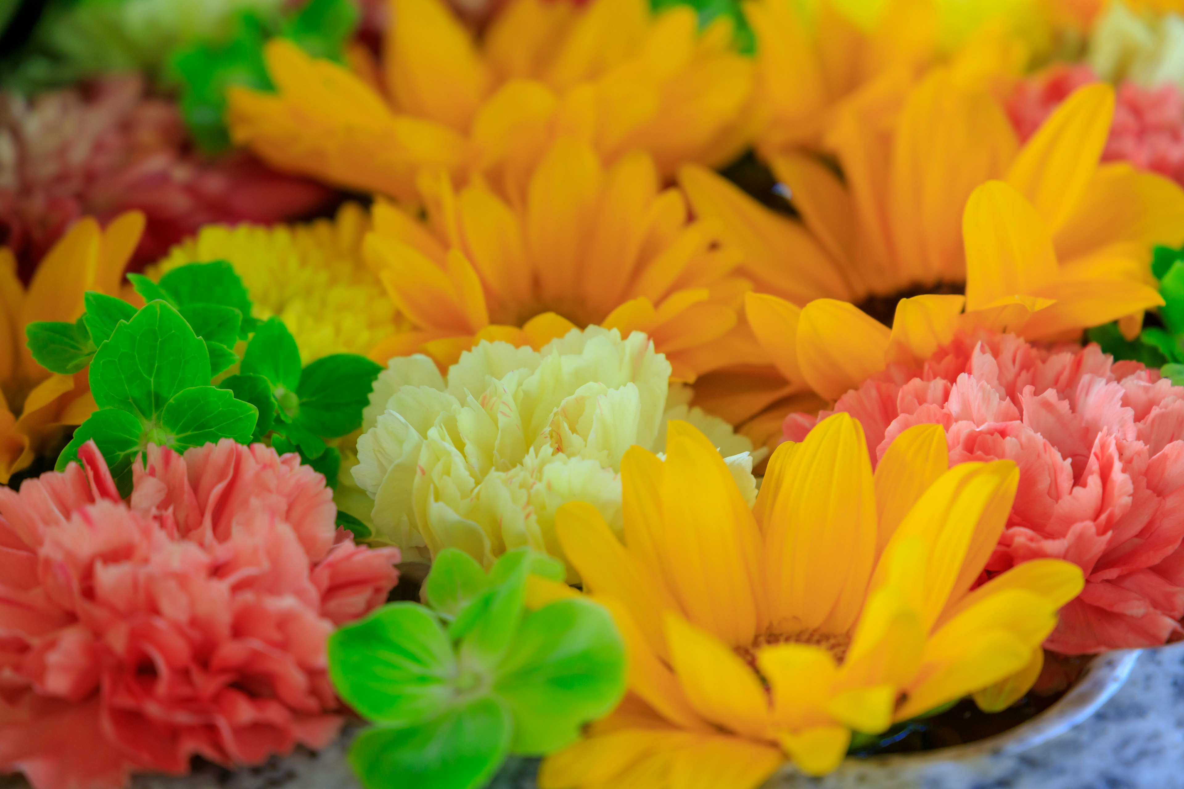 Arrangement vibrant de fleurs colorées incluant du jaune, du rose et du vert