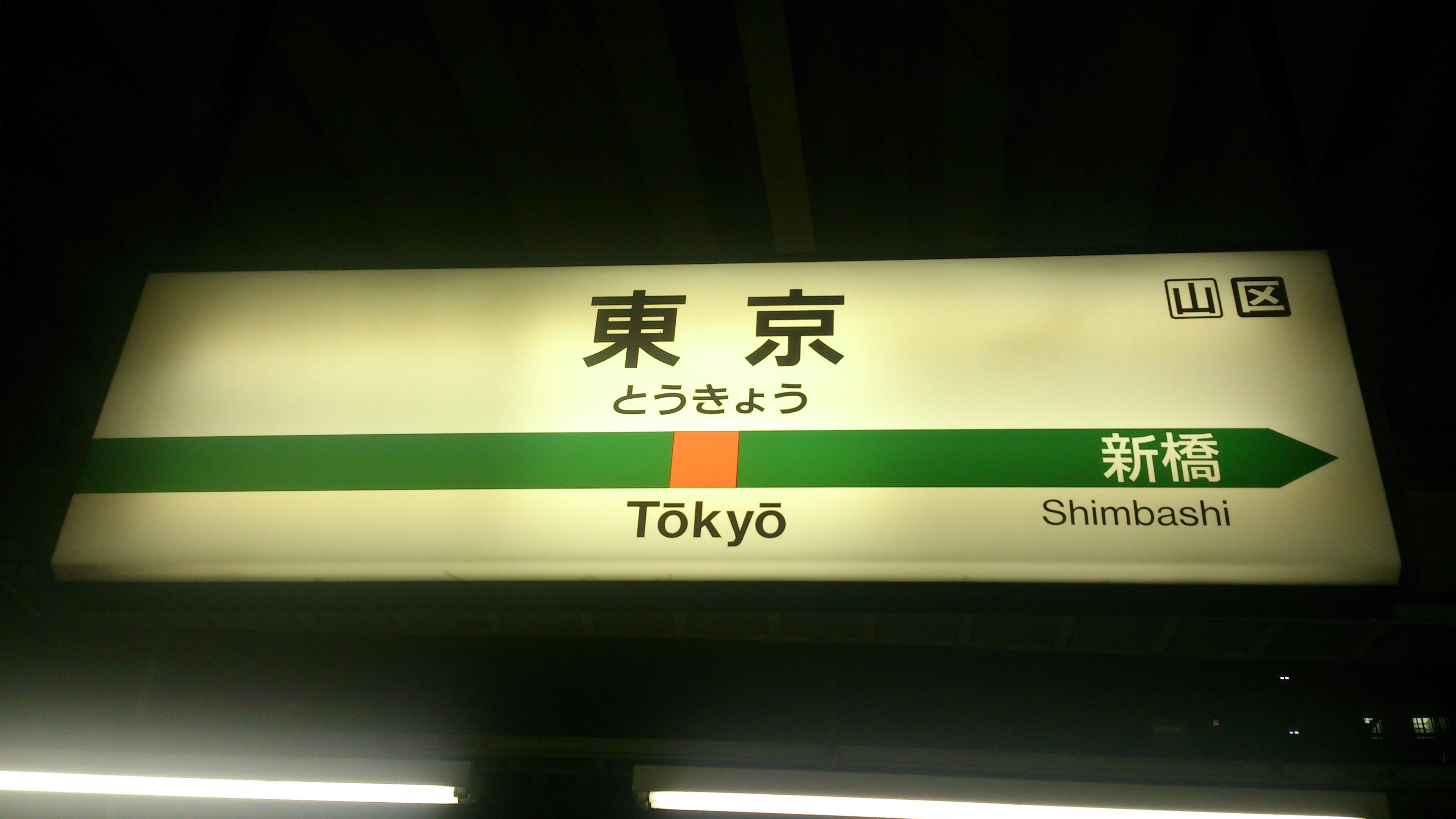 Schild für den Bahnhof Tokio mit grüner Linie und orangefarbenem Marker