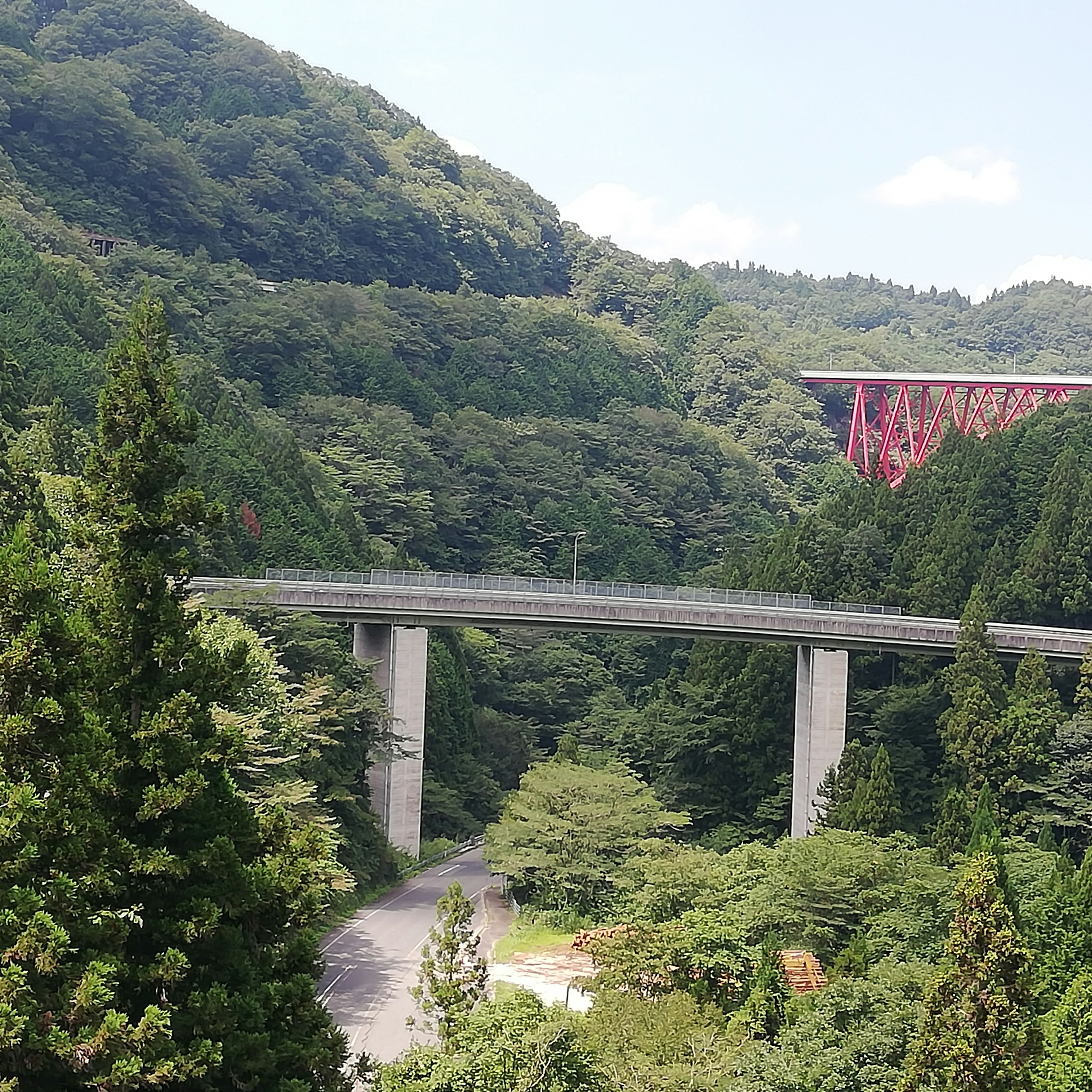 Eine Landschaft mit einer erhöhten Brücke, umgeben von üppigen grünen Bergen