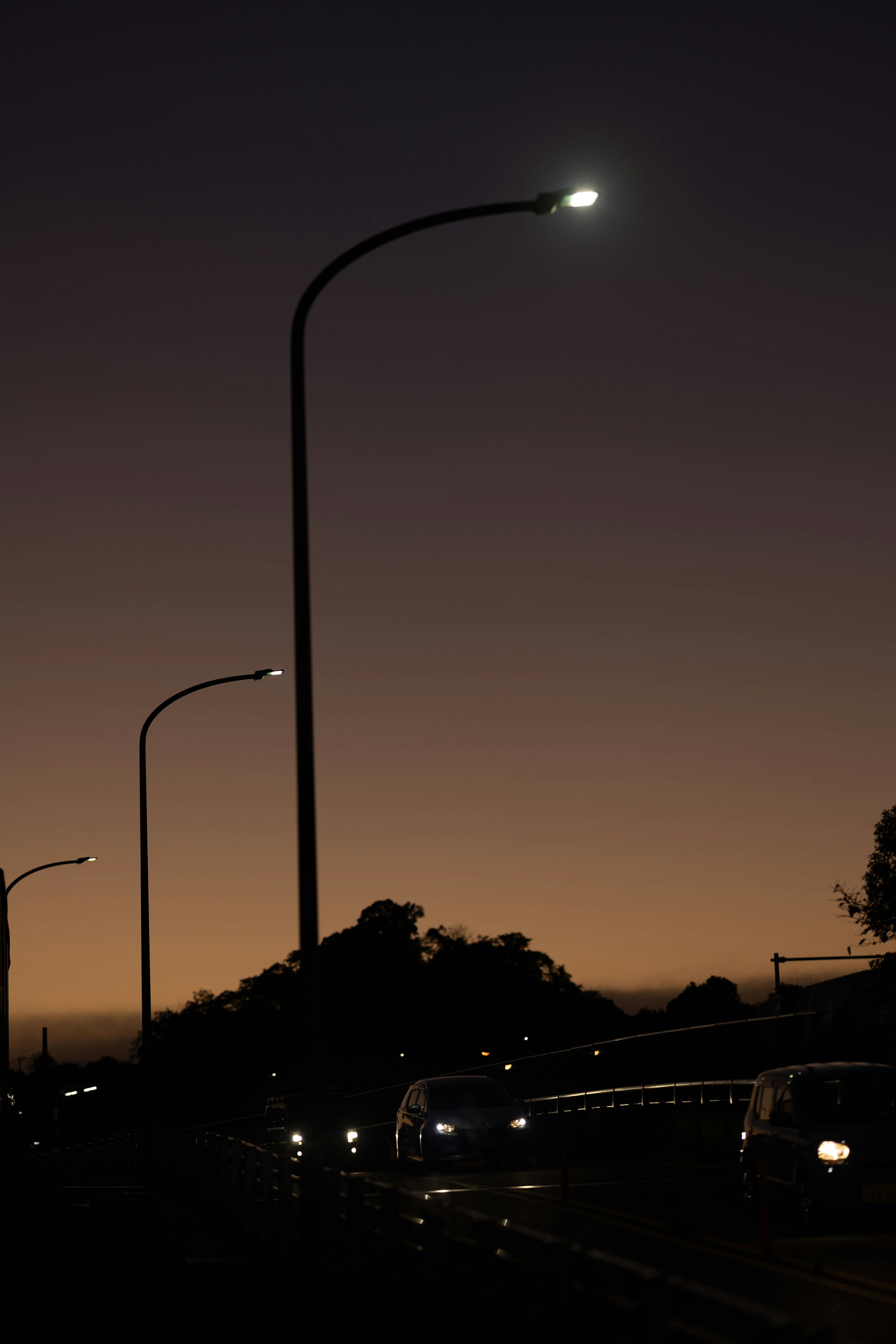 夕暮れ時の街灯が並ぶ道路の風景